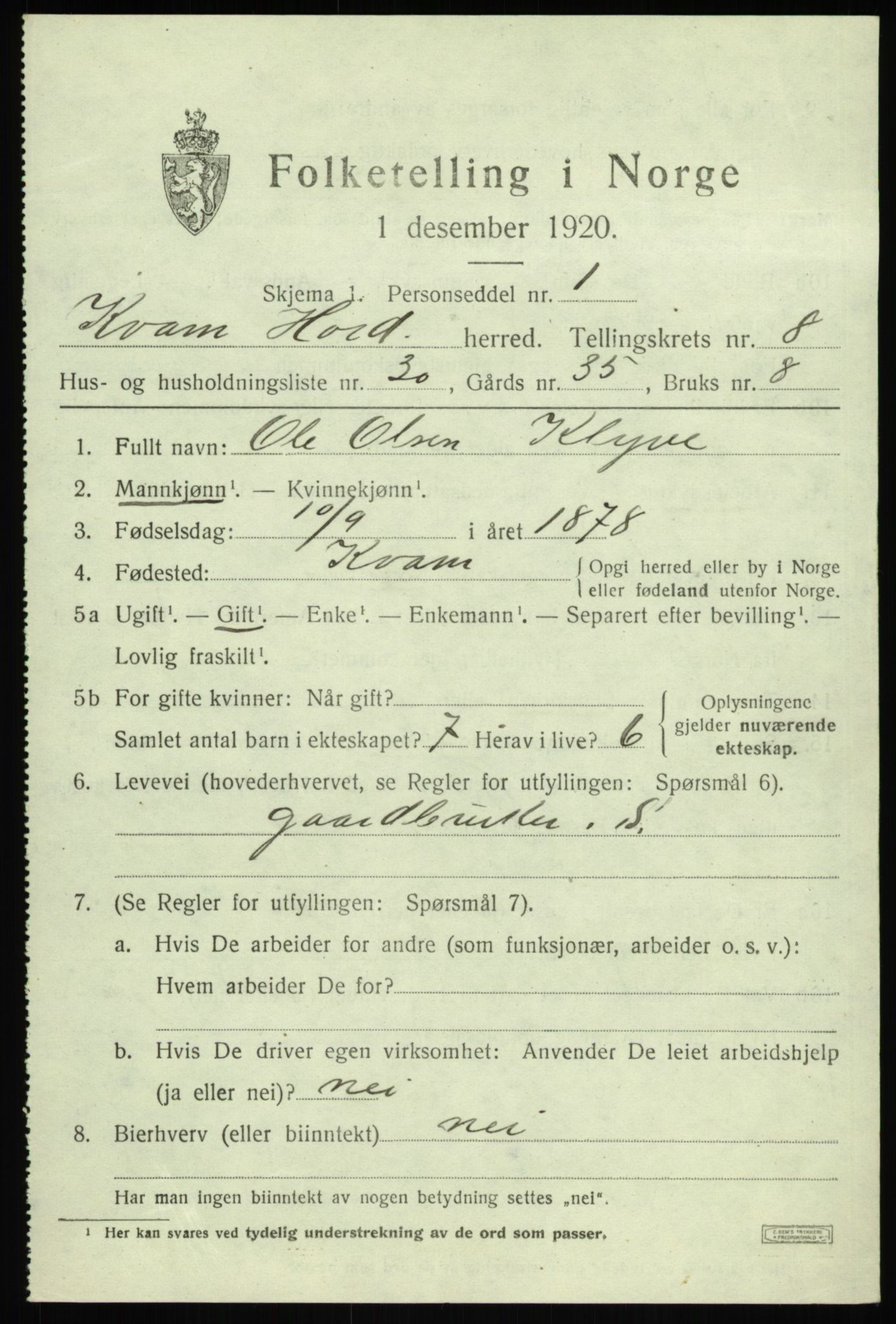 SAB, 1920 census for Kvam, 1920, p. 5421