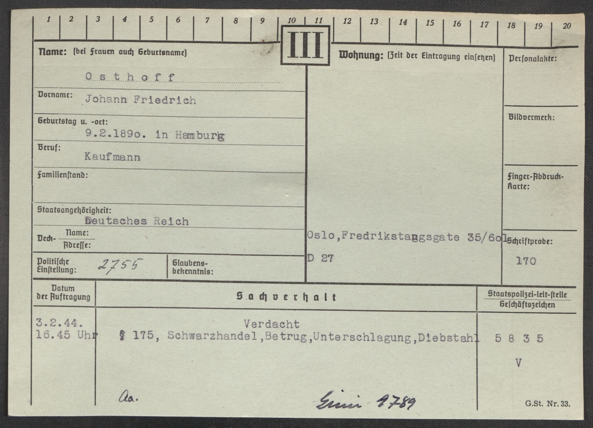 Befehlshaber der Sicherheitspolizei und des SD, RA/RAFA-5969/E/Ea/Eaa/L0008: Register over norske fanger i Møllergata 19: Oelze-Ru, 1940-1945, p. 496