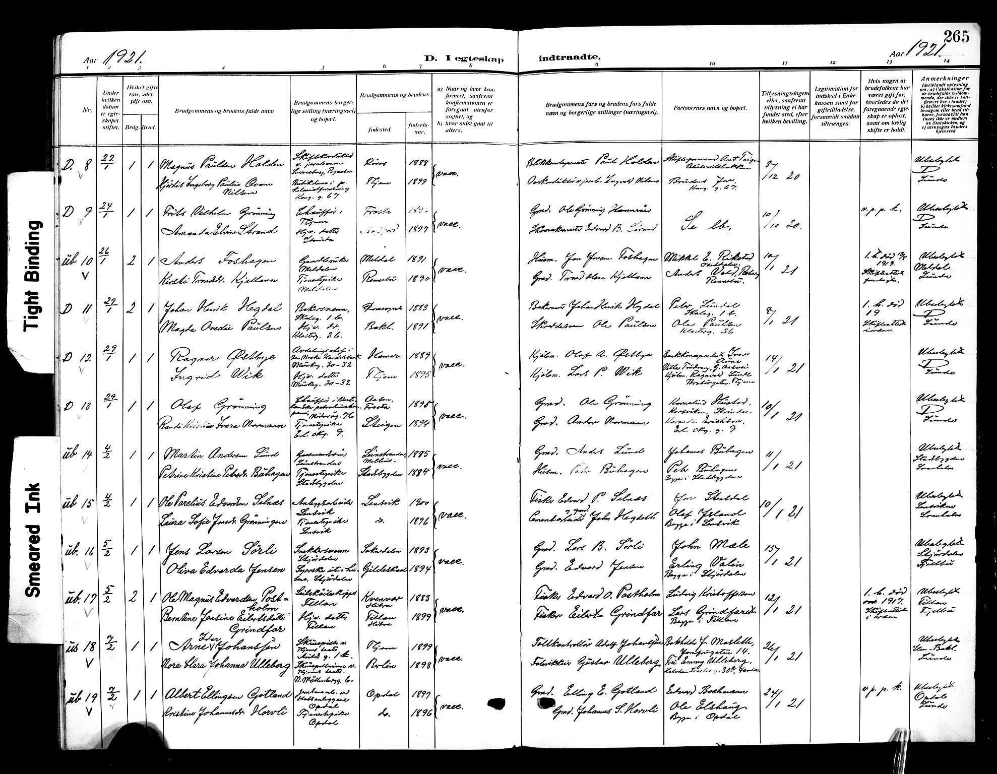 Ministerialprotokoller, klokkerbøker og fødselsregistre - Sør-Trøndelag, SAT/A-1456/601/L0097: Parish register (copy) no. 601C15, 1911-1921, p. 265