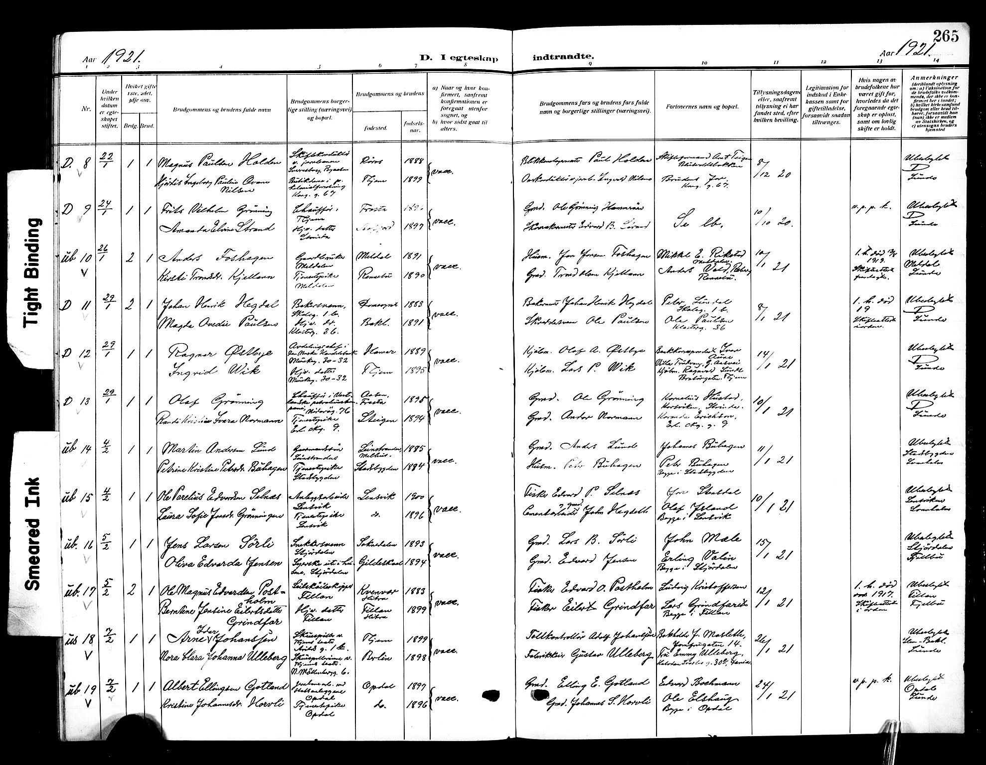 Ministerialprotokoller, klokkerbøker og fødselsregistre - Sør-Trøndelag, AV/SAT-A-1456/601/L0097: Parish register (copy) no. 601C15, 1911-1921, p. 265