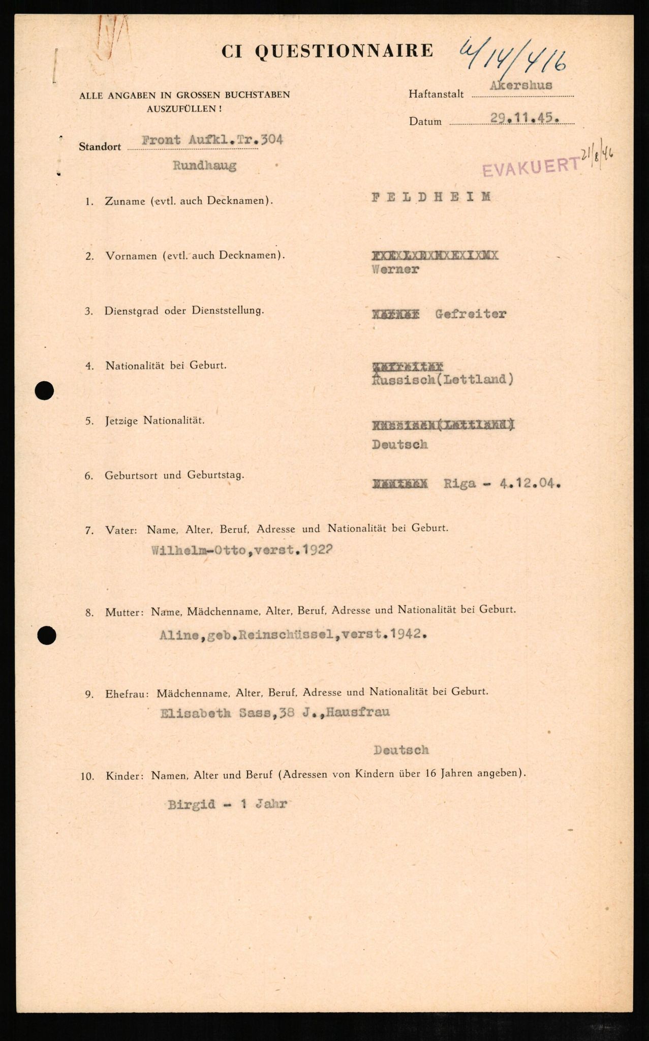 Forsvaret, Forsvarets overkommando II, AV/RA-RAFA-3915/D/Db/L0008: CI Questionaires. Tyske okkupasjonsstyrker i Norge. Tyskere., 1945-1946, p. 19