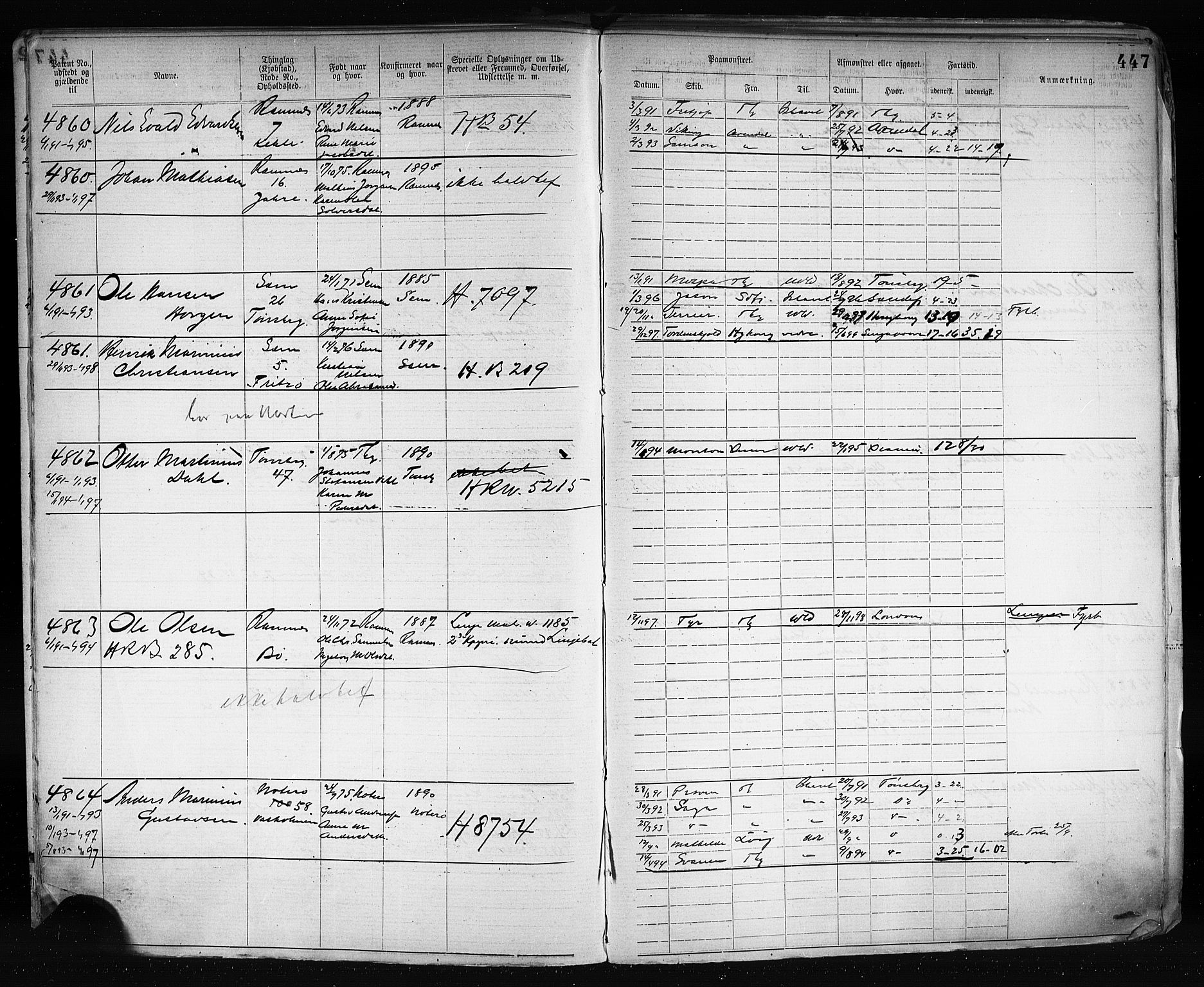 Tønsberg innrulleringskontor, AV/SAKO-A-786/F/Fb/L0003: Annotasjonsrulle Patent nr. 2646-5149, 1881-1892, p. 457