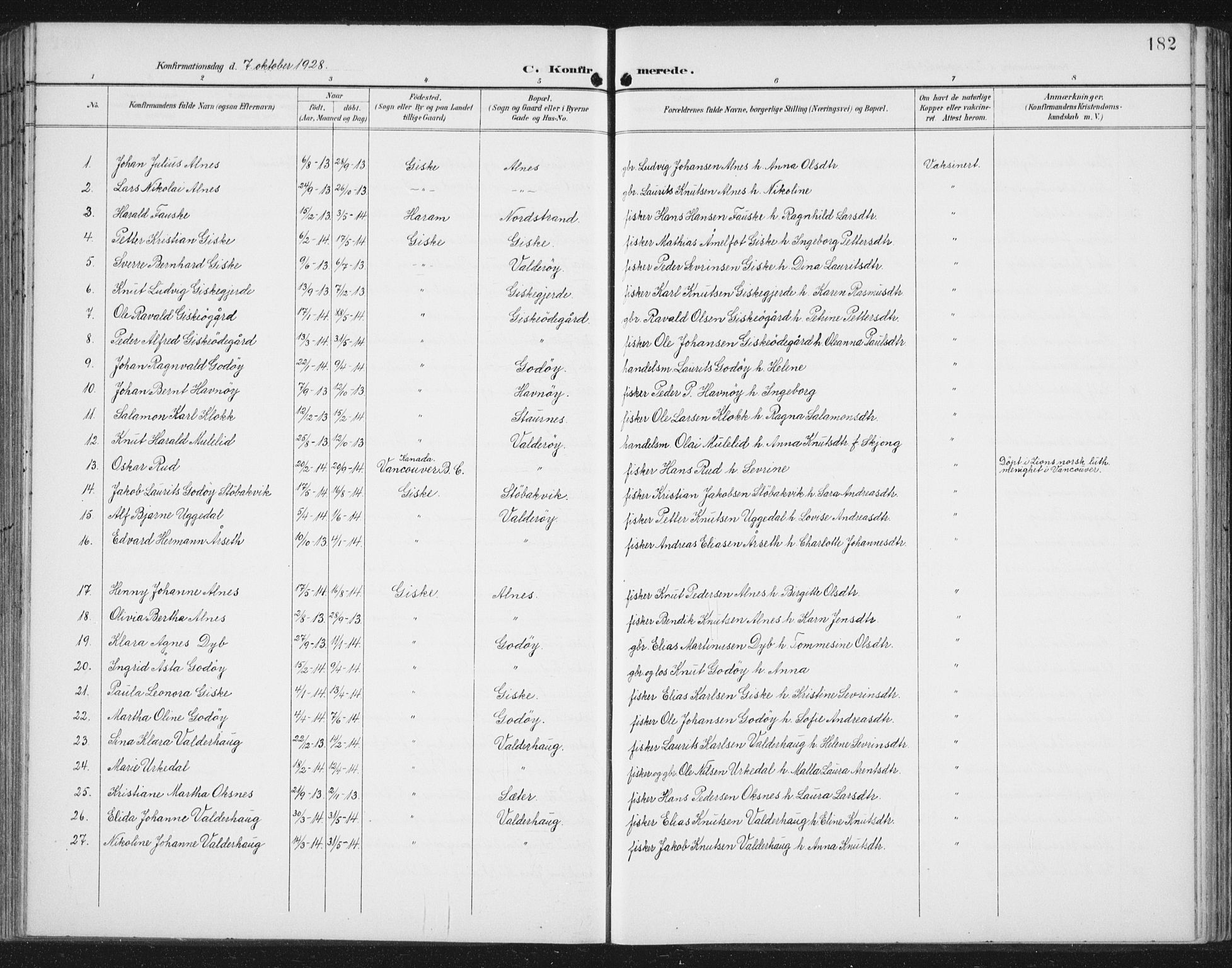 Ministerialprotokoller, klokkerbøker og fødselsregistre - Møre og Romsdal, AV/SAT-A-1454/534/L0489: Parish register (copy) no. 534C01, 1899-1941, p. 182