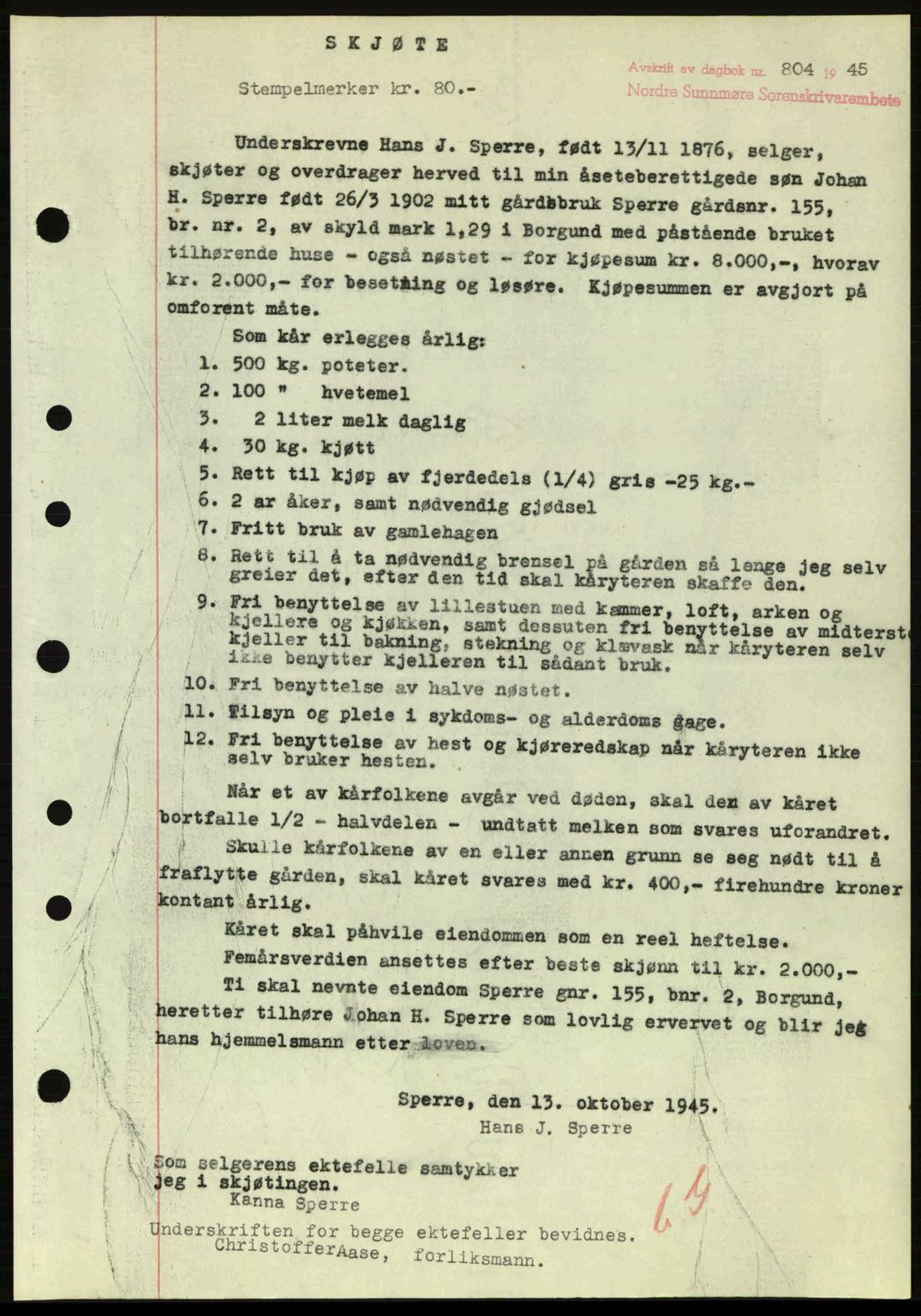 Nordre Sunnmøre sorenskriveri, AV/SAT-A-0006/1/2/2C/2Ca: Mortgage book no. A20a, 1945-1945, Diary no: : 804/1945