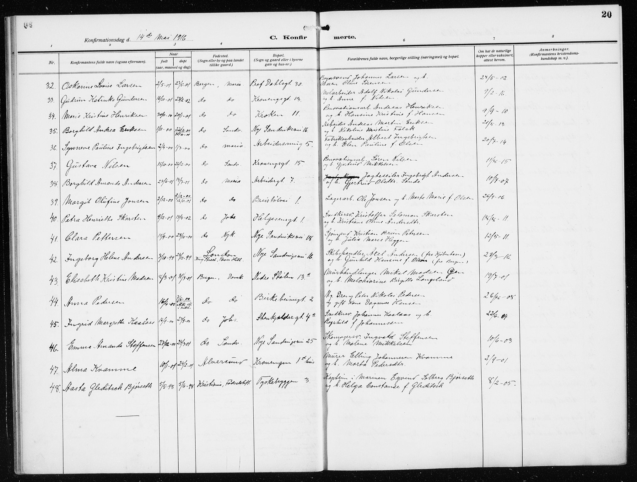 Mariakirken Sokneprestembete, AV/SAB-A-76901/H/Haa/L0015: Parish register (official) no. C 3, 1913-1927, p. 20