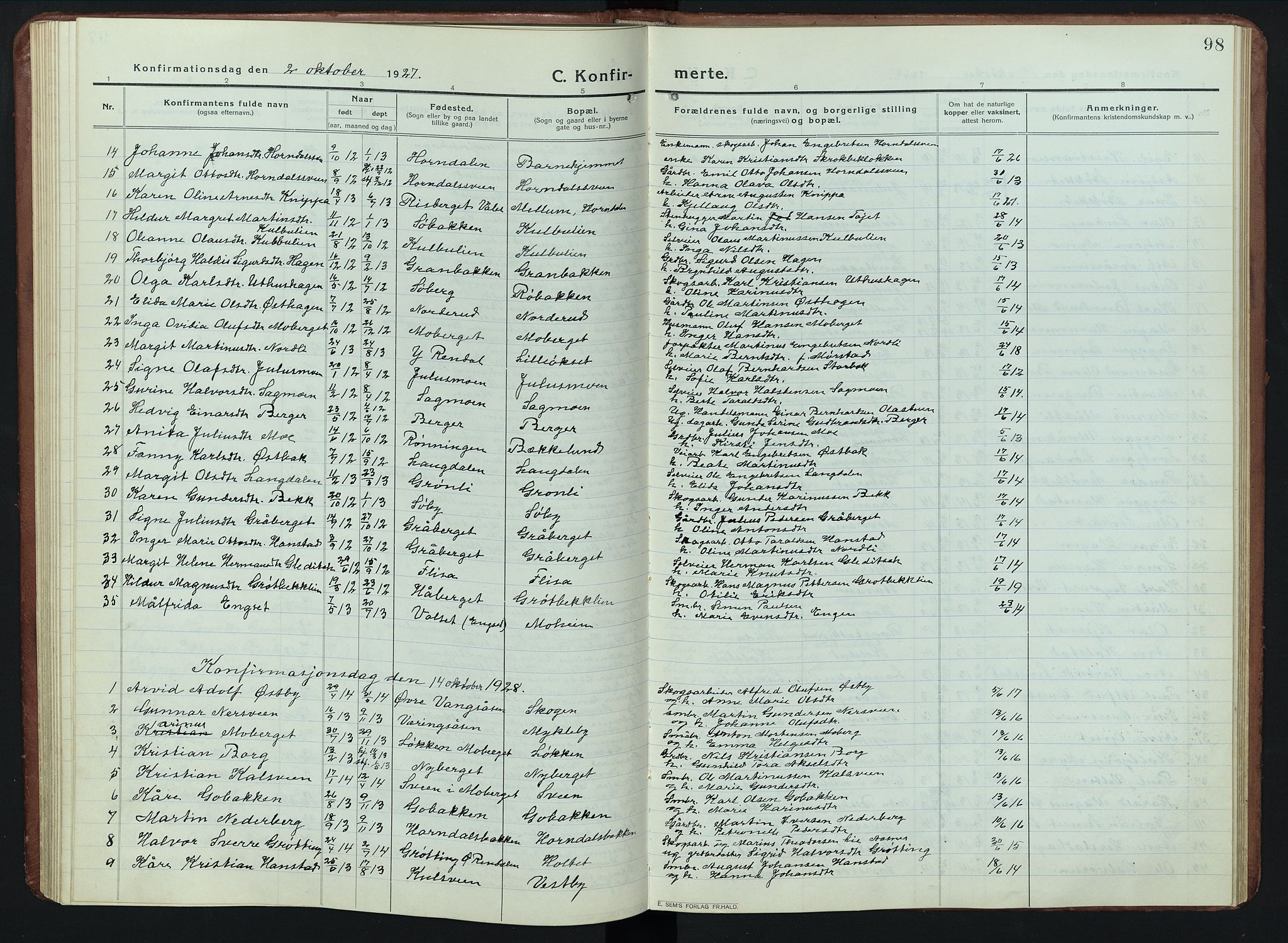 Elverum prestekontor, AV/SAH-PREST-044/H/Ha/Hab/L0011: Parish register (copy) no. 11, 1915-1947, p. 98