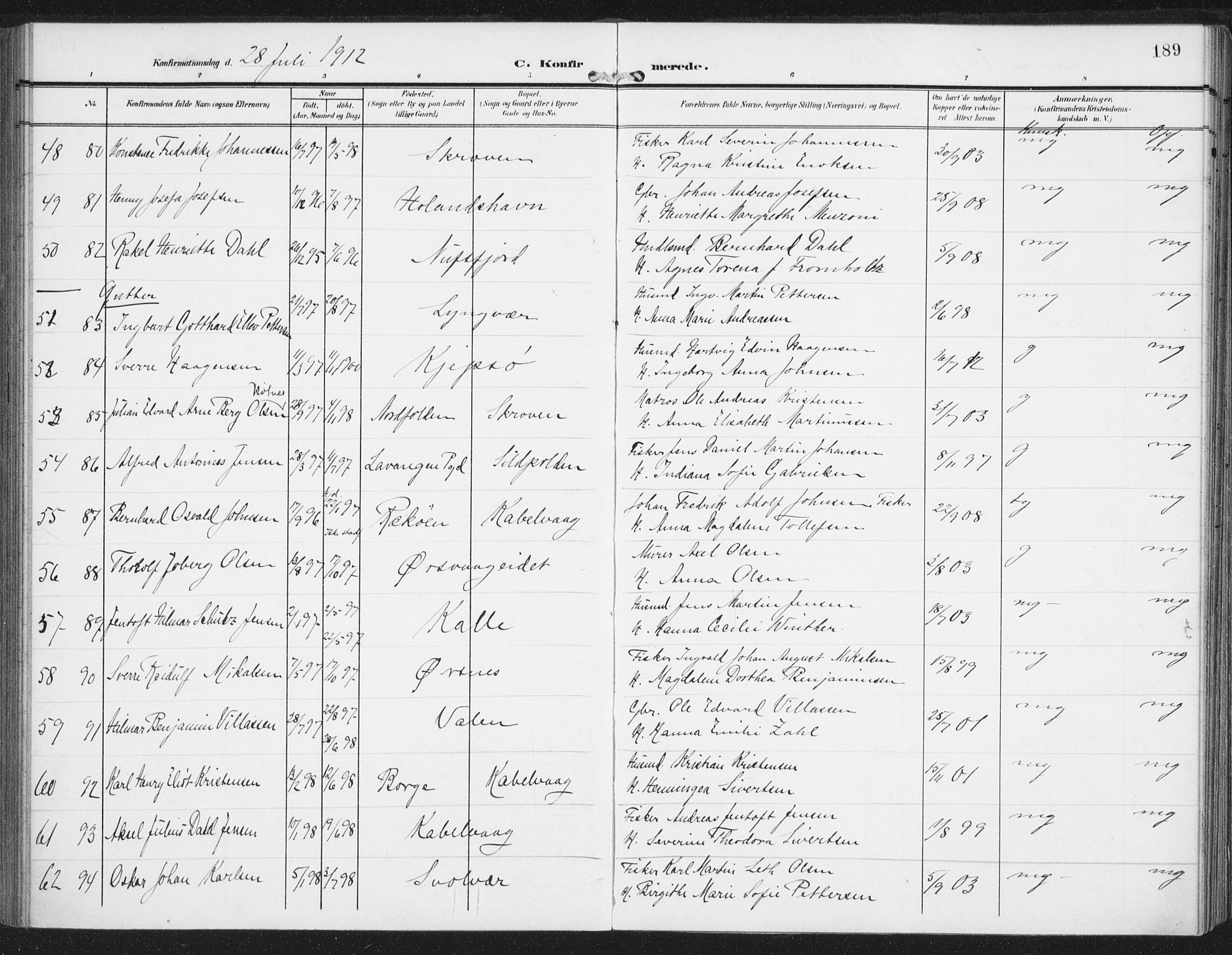 Ministerialprotokoller, klokkerbøker og fødselsregistre - Nordland, AV/SAT-A-1459/874/L1063: Parish register (official) no. 874A07, 1907-1915, p. 189