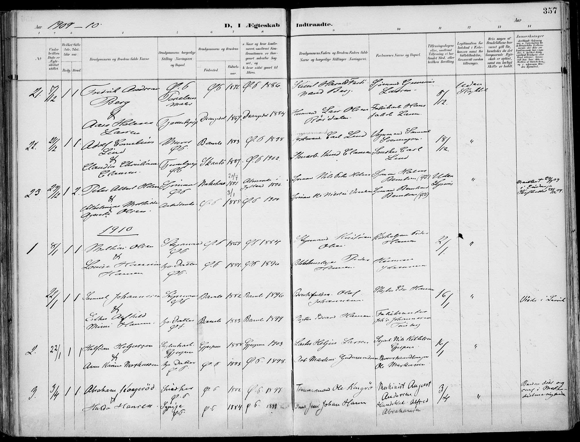 Porsgrunn kirkebøker , SAKO/A-104/F/Fa/L0011: Parish register (official) no. 11, 1895-1919, p. 357