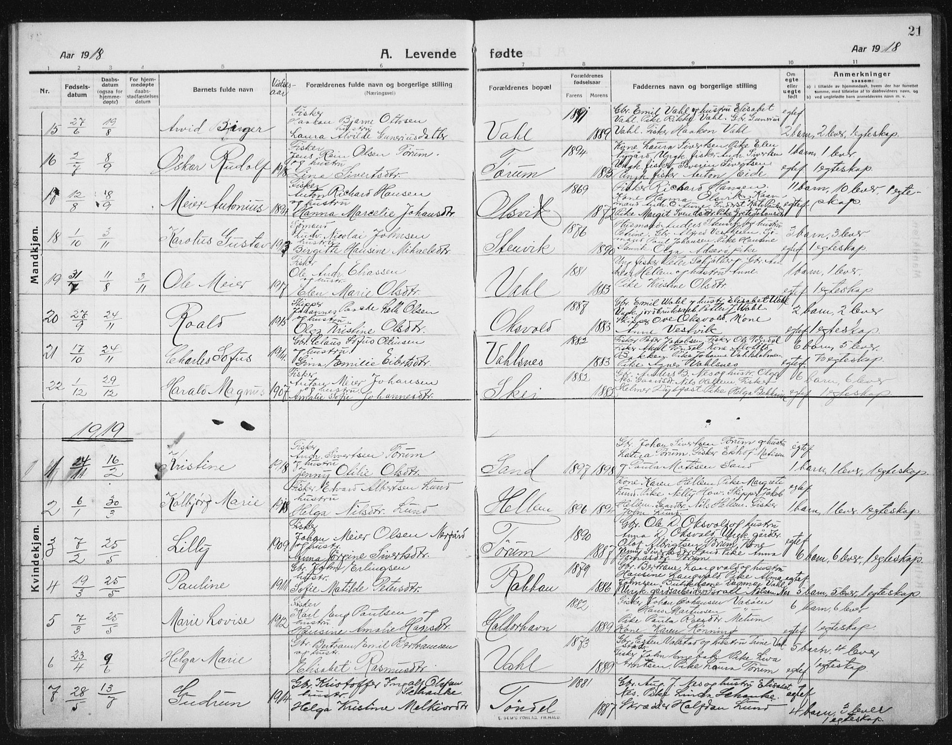 Ministerialprotokoller, klokkerbøker og fødselsregistre - Sør-Trøndelag, SAT/A-1456/652/L0654: Parish register (copy) no. 652C02, 1910-1937, p. 21