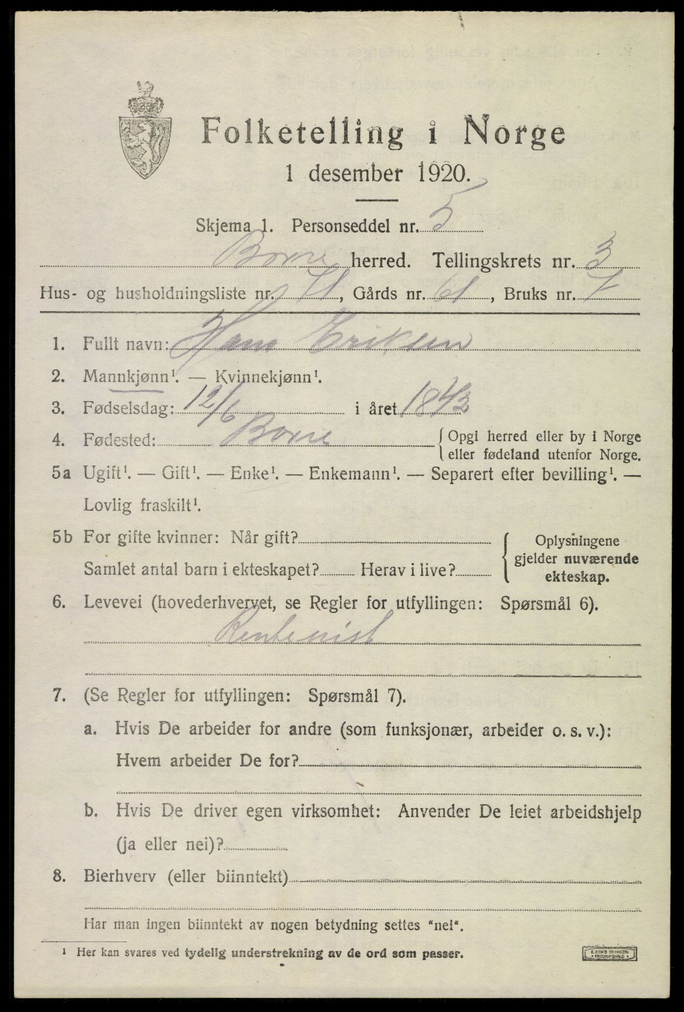 SAKO, 1920 census for Borre, 1920, p. 6940