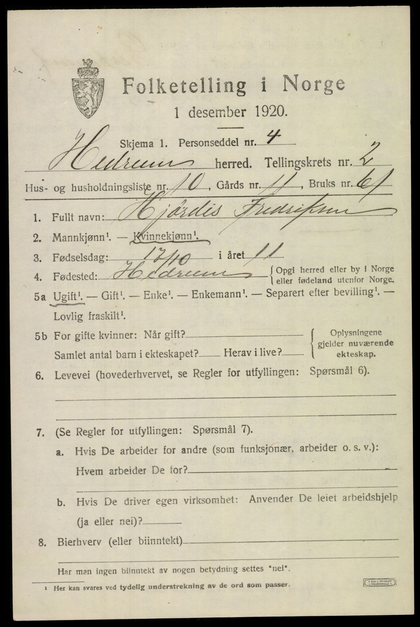SAKO, 1920 census for Hedrum, 1920, p. 2525