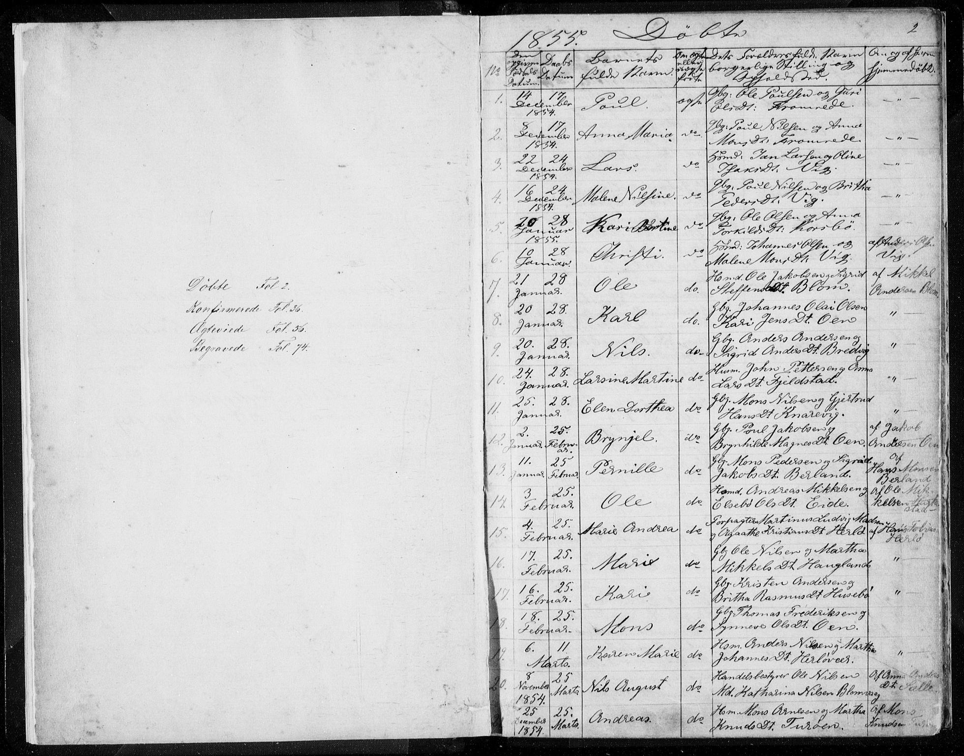 Herdla Sokneprestembete, AV/SAB-A-75701/H/Haa: Parish register (official) no. A 1, 1855-1869, p. 2