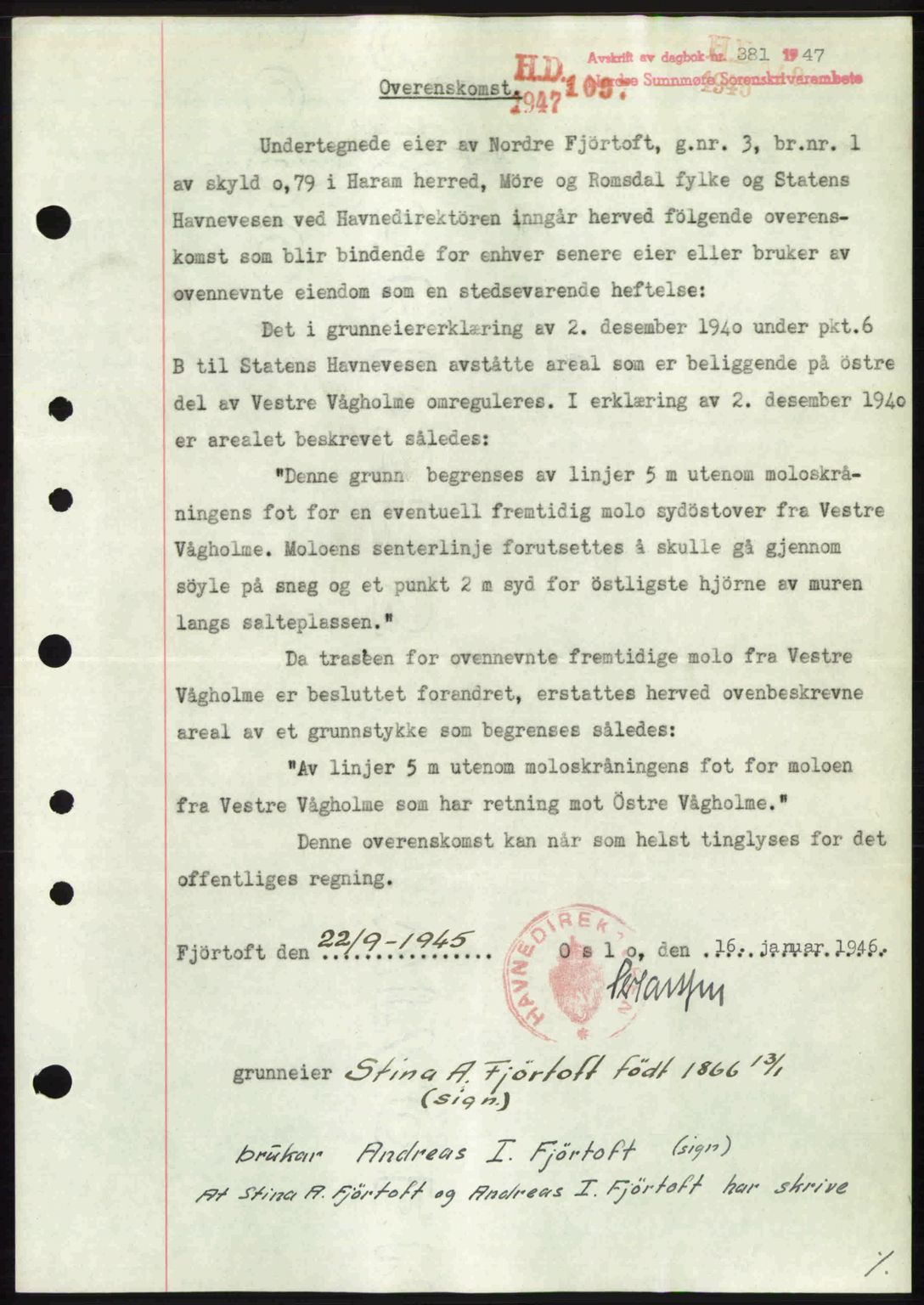 Nordre Sunnmøre sorenskriveri, AV/SAT-A-0006/1/2/2C/2Ca: Mortgage book no. A24, 1947-1947, Diary no: : 381/1947