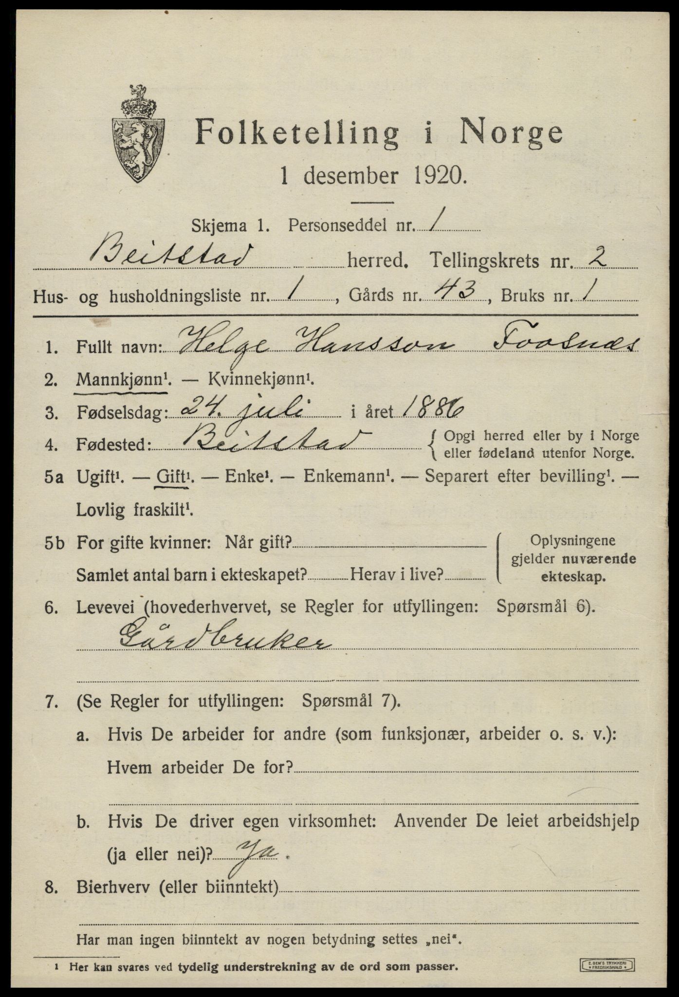 SAT, 1920 census for Beitstad, 1920, p. 1419