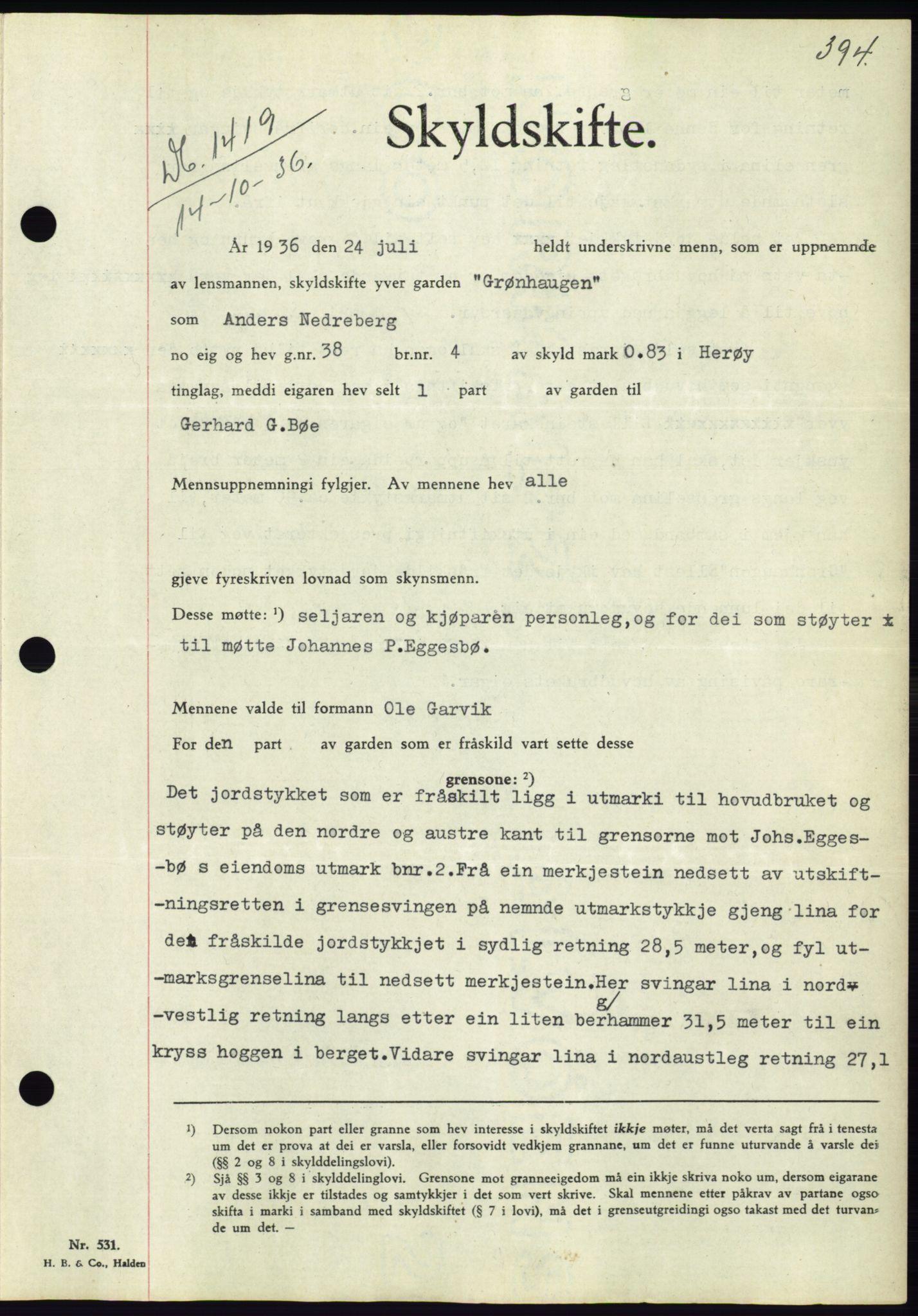 Søre Sunnmøre sorenskriveri, AV/SAT-A-4122/1/2/2C/L0061: Mortgage book no. 55, 1936-1936, Diary no: : 1419/1936