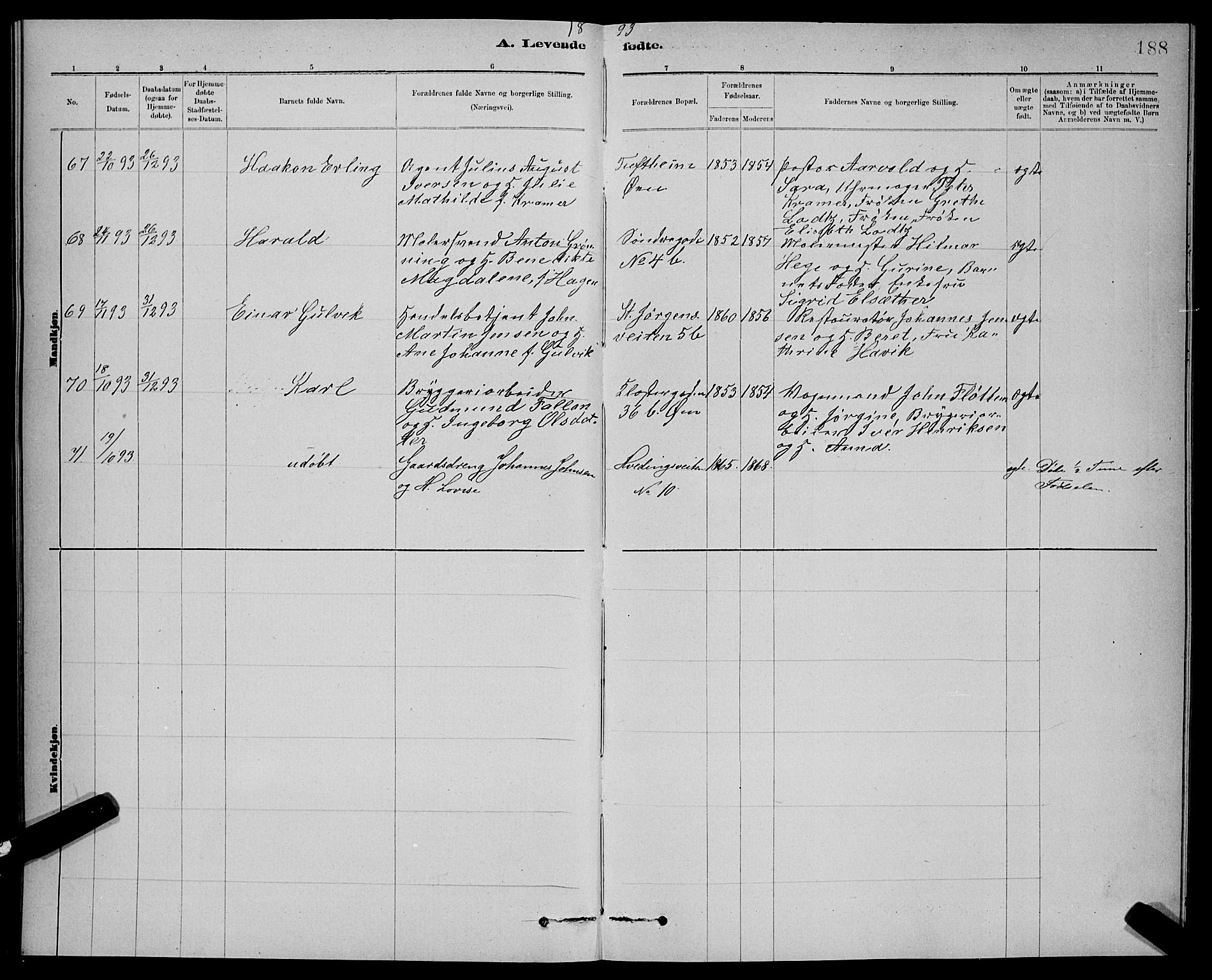 Ministerialprotokoller, klokkerbøker og fødselsregistre - Sør-Trøndelag, SAT/A-1456/601/L0092: Parish register (copy) no. 601C10, 1884-1897, p. 188