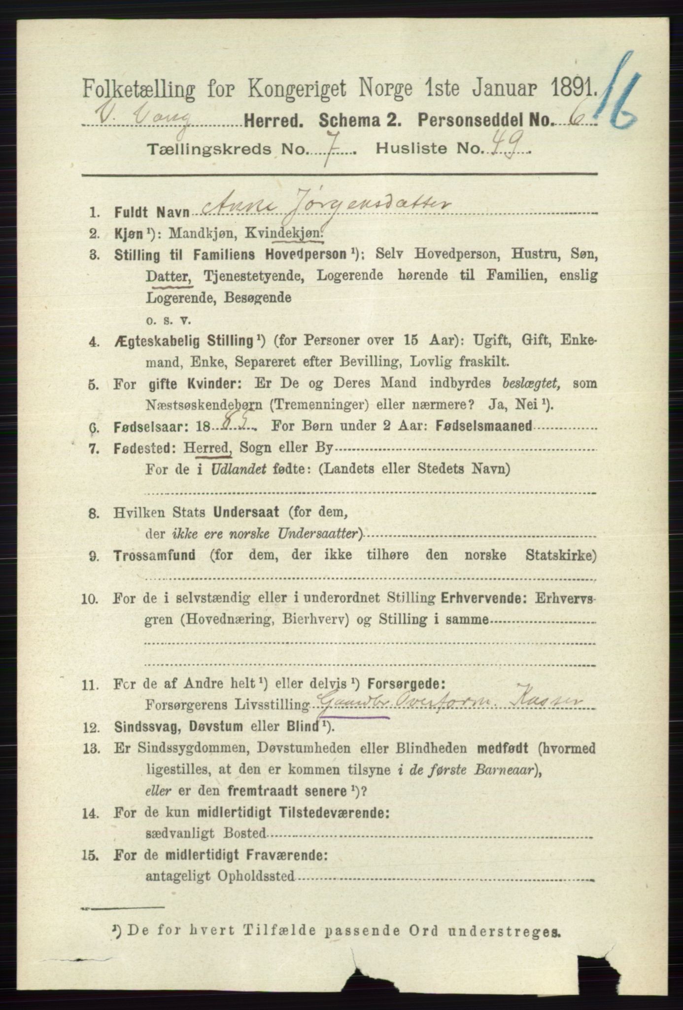 RA, 1891 census for 0545 Vang, 1891, p. 1714