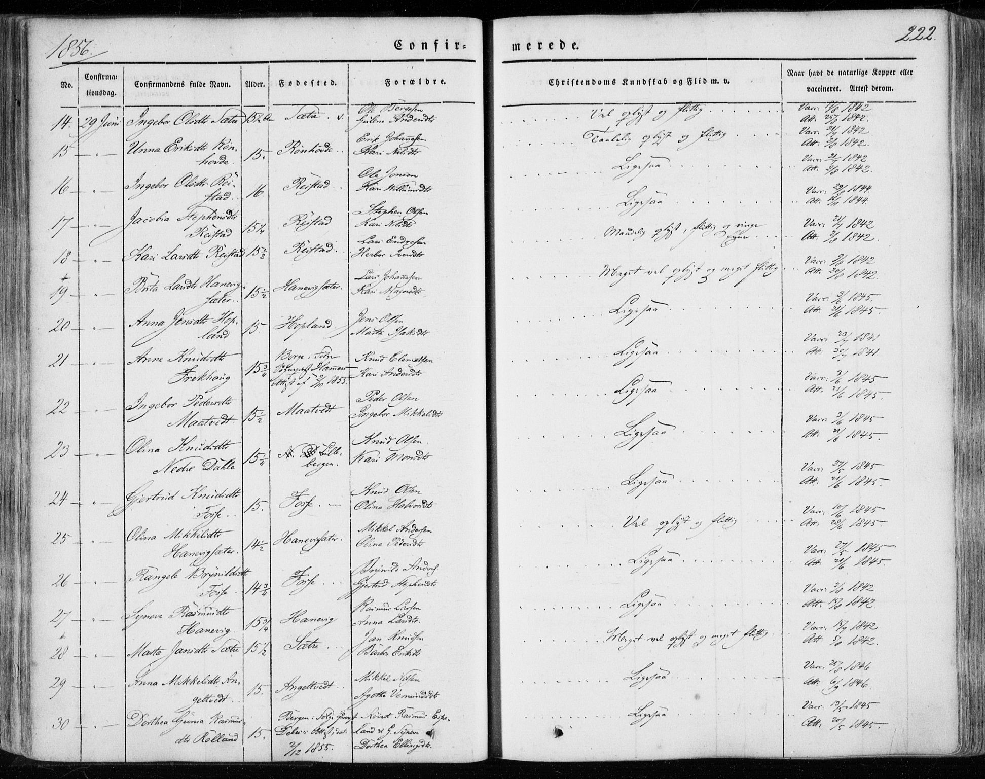 Hamre sokneprestembete, AV/SAB-A-75501/H/Ha/Haa/Haaa/L0013: Parish register (official) no. A 13, 1846-1857, p. 222