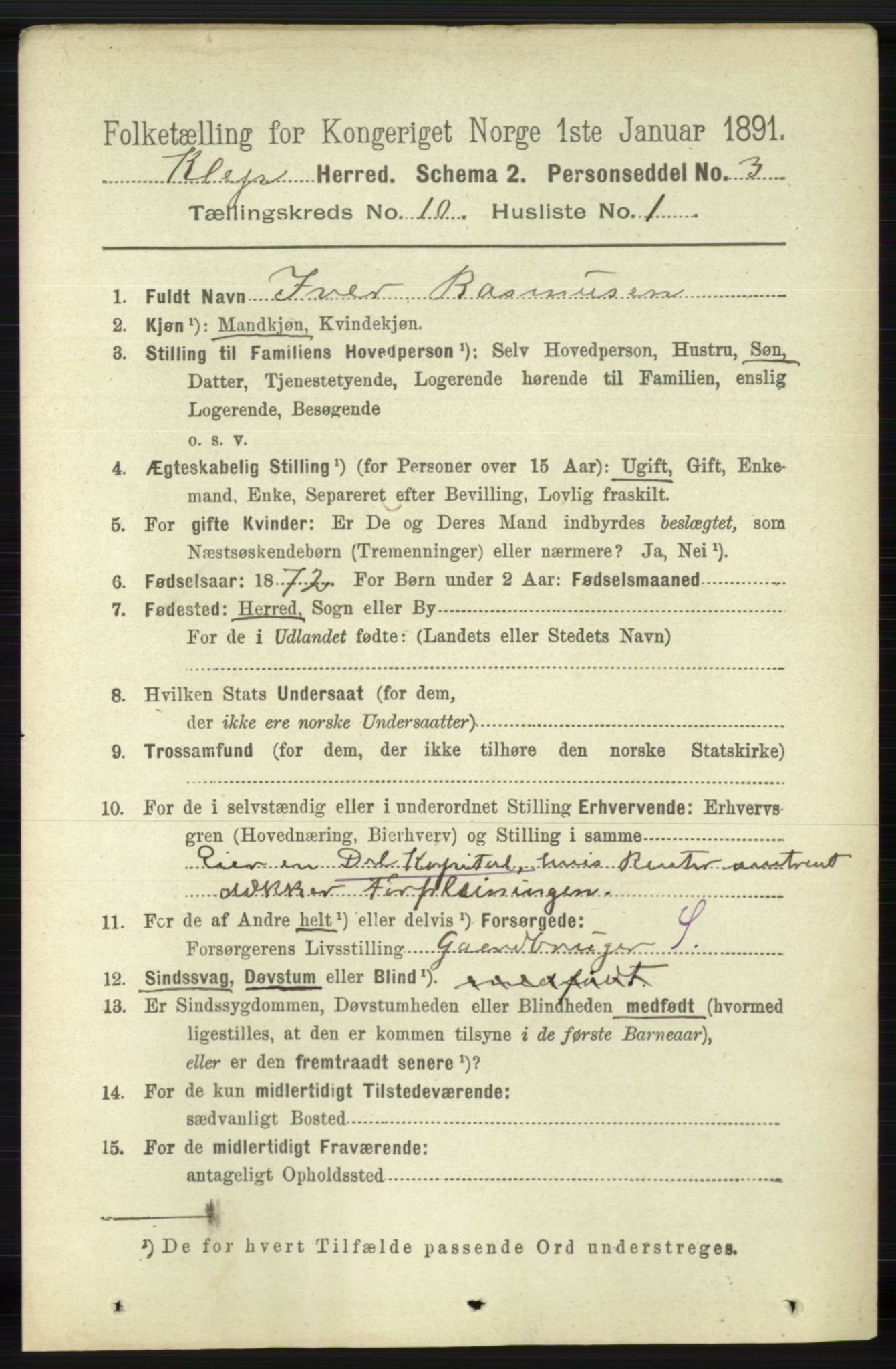 RA, 1891 census for 1120 Klepp, 1891, p. 2854