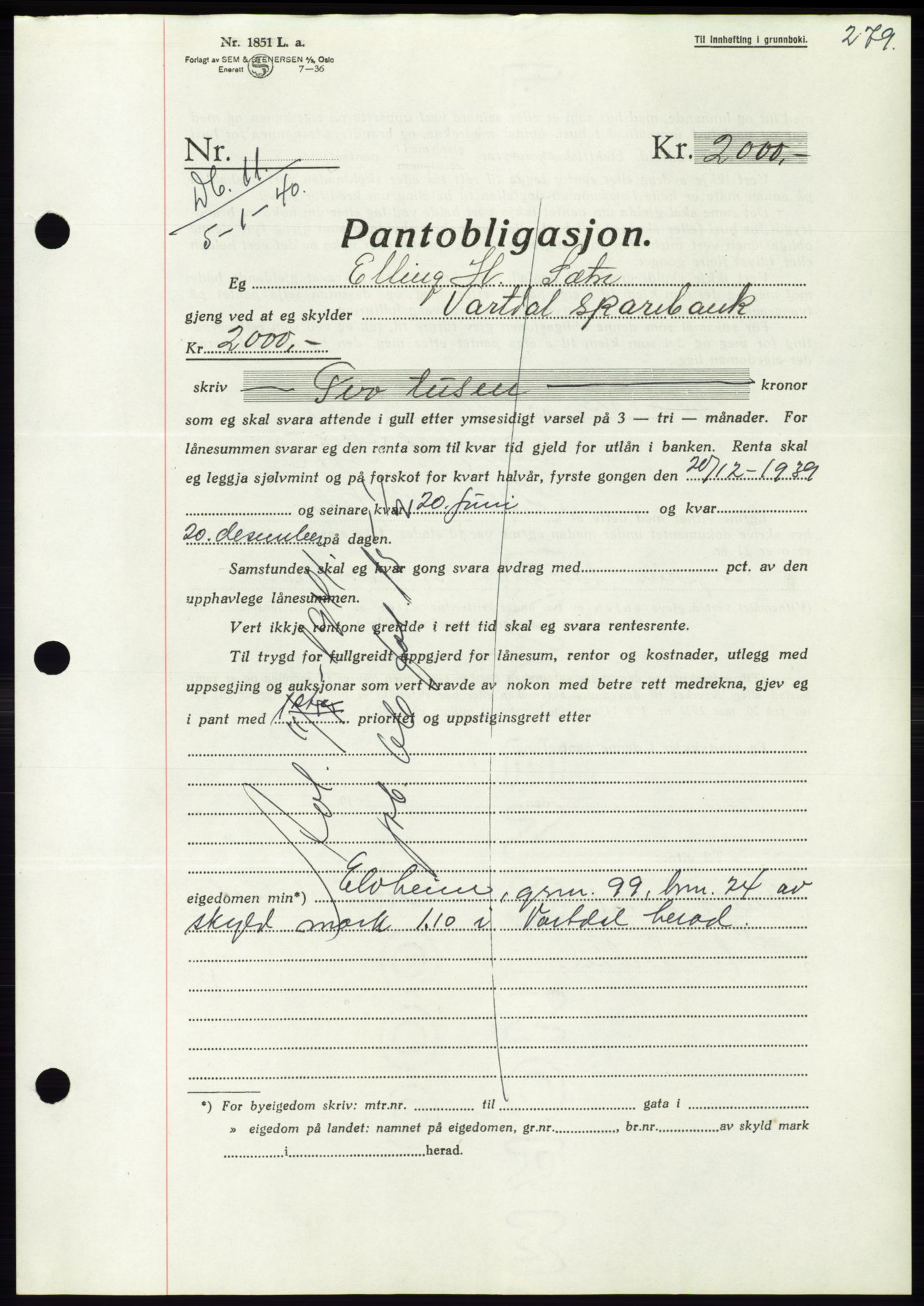 Søre Sunnmøre sorenskriveri, AV/SAT-A-4122/1/2/2C/L0069: Mortgage book no. 63, 1939-1940, Diary no: : 11/1940