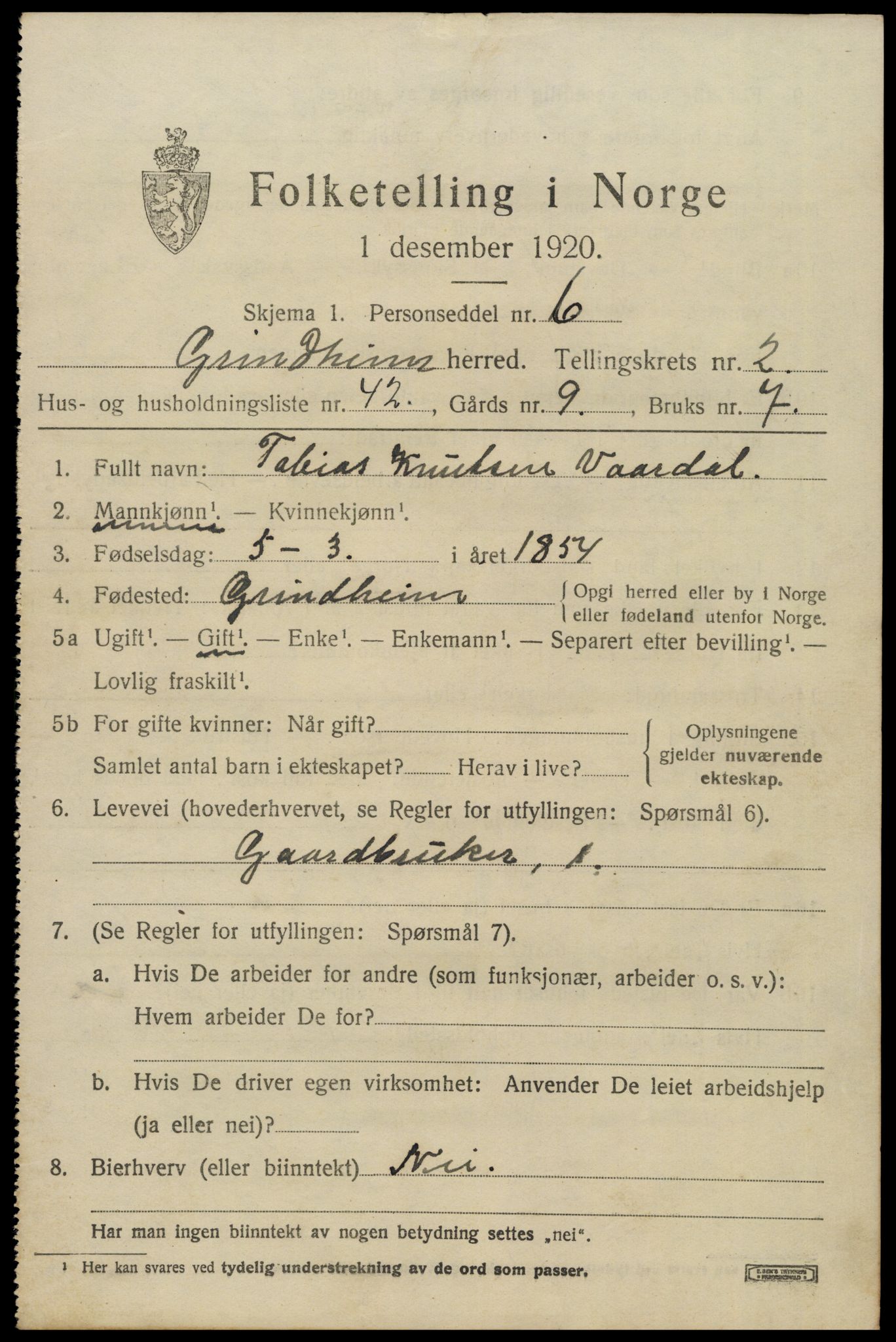 SAK, 1920 census for Grindheim, 1920, p. 879