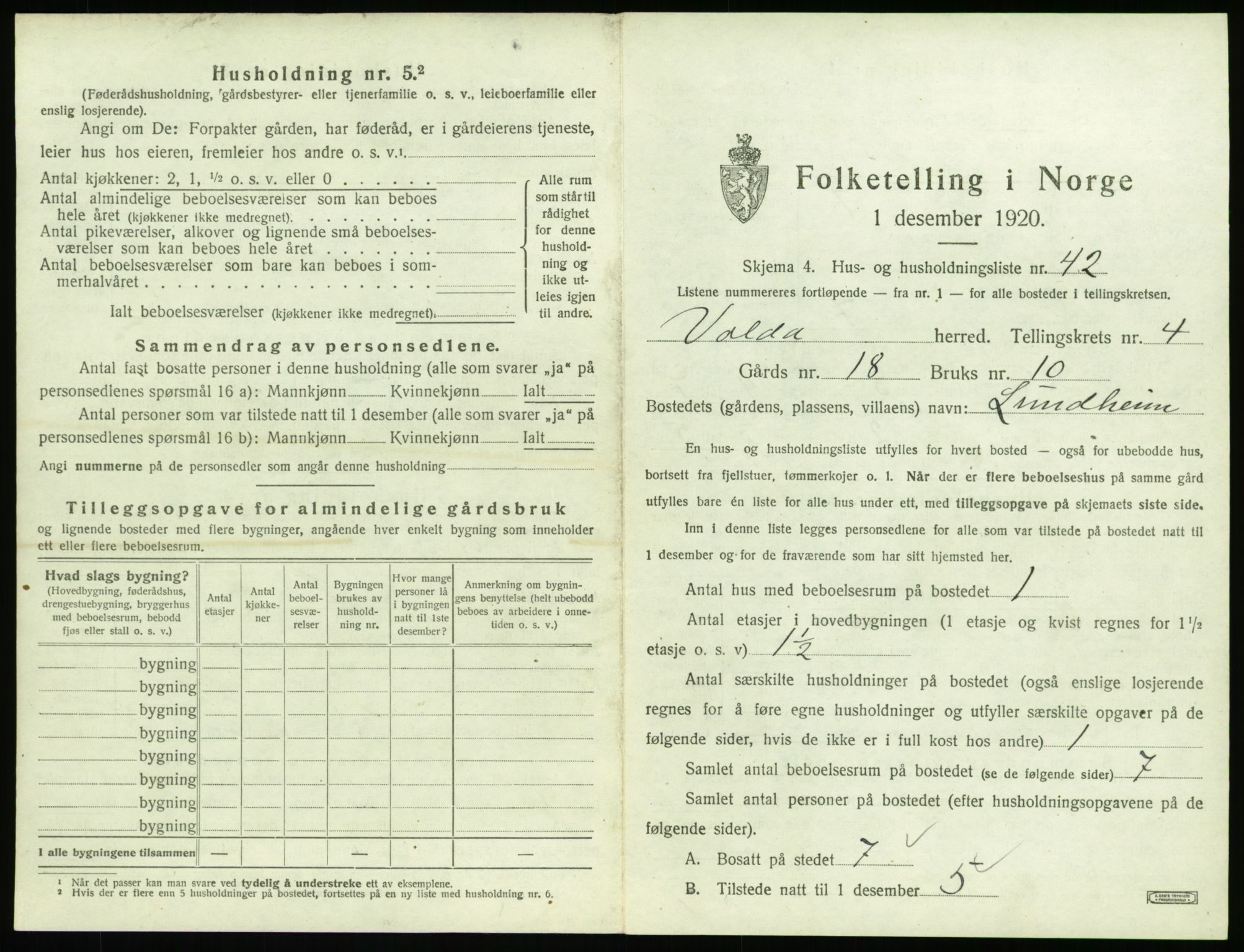 SAT, 1920 census for Volda, 1920, p. 350