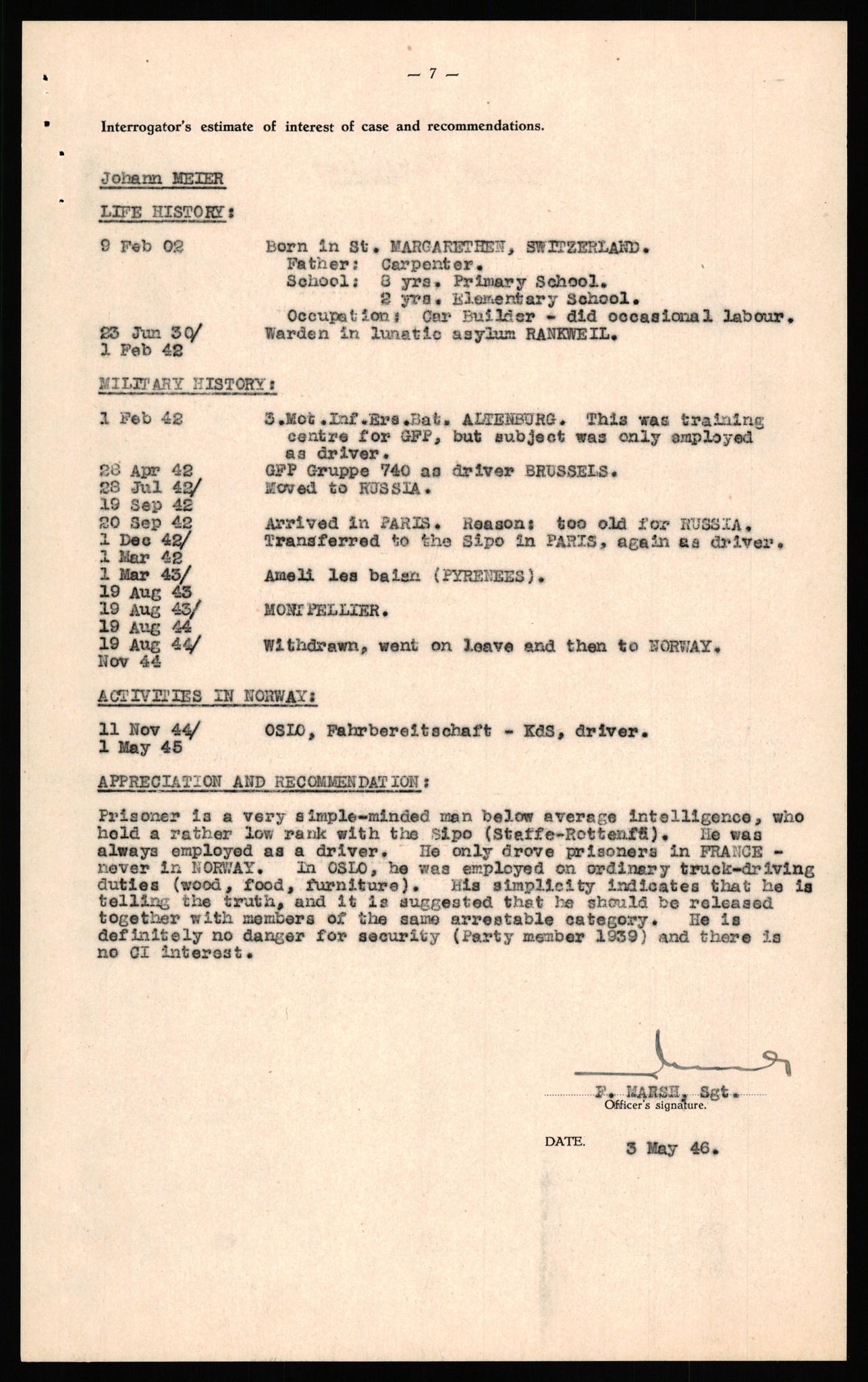 Forsvaret, Forsvarets overkommando II, AV/RA-RAFA-3915/D/Db/L0039: CI Questionaires. Tyske okkupasjonsstyrker i Norge. Østerrikere., 1945-1946, p. 422