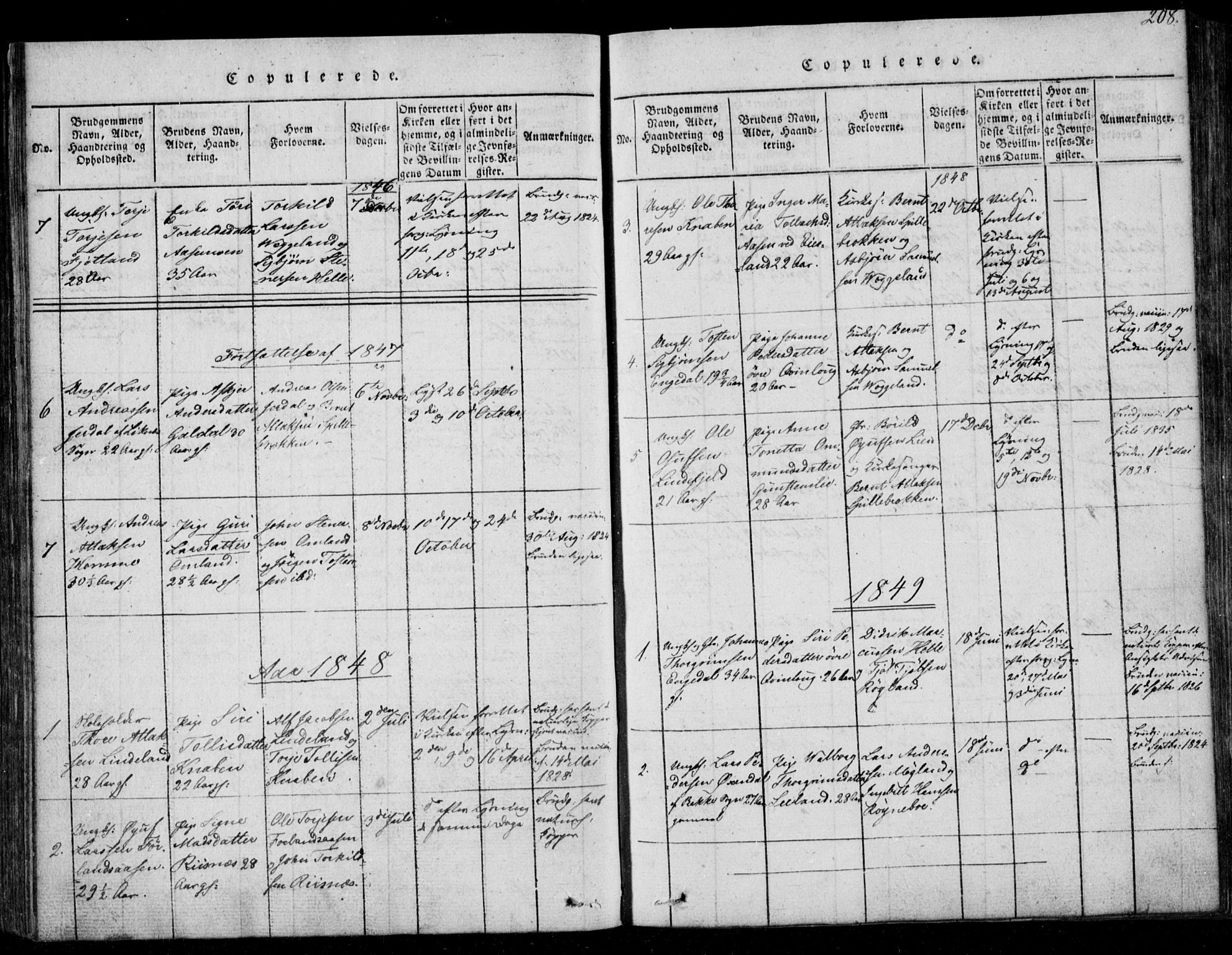 Fjotland sokneprestkontor, AV/SAK-1111-0010/F/Fb/L0001: Parish register (copy) no. B 1, 1816-1849, p. 208