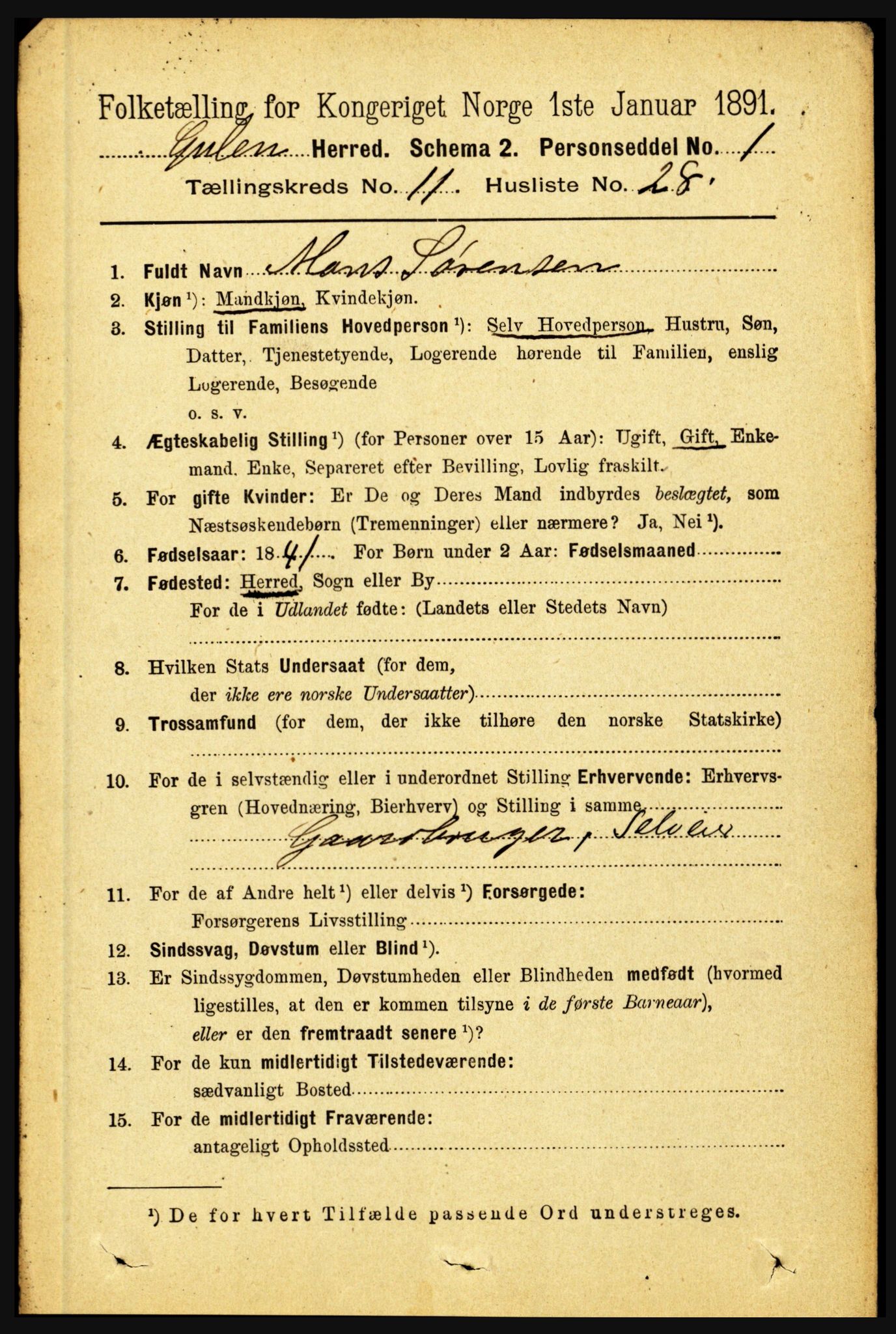RA, 1891 census for 1411 Gulen, 1891, p. 3828