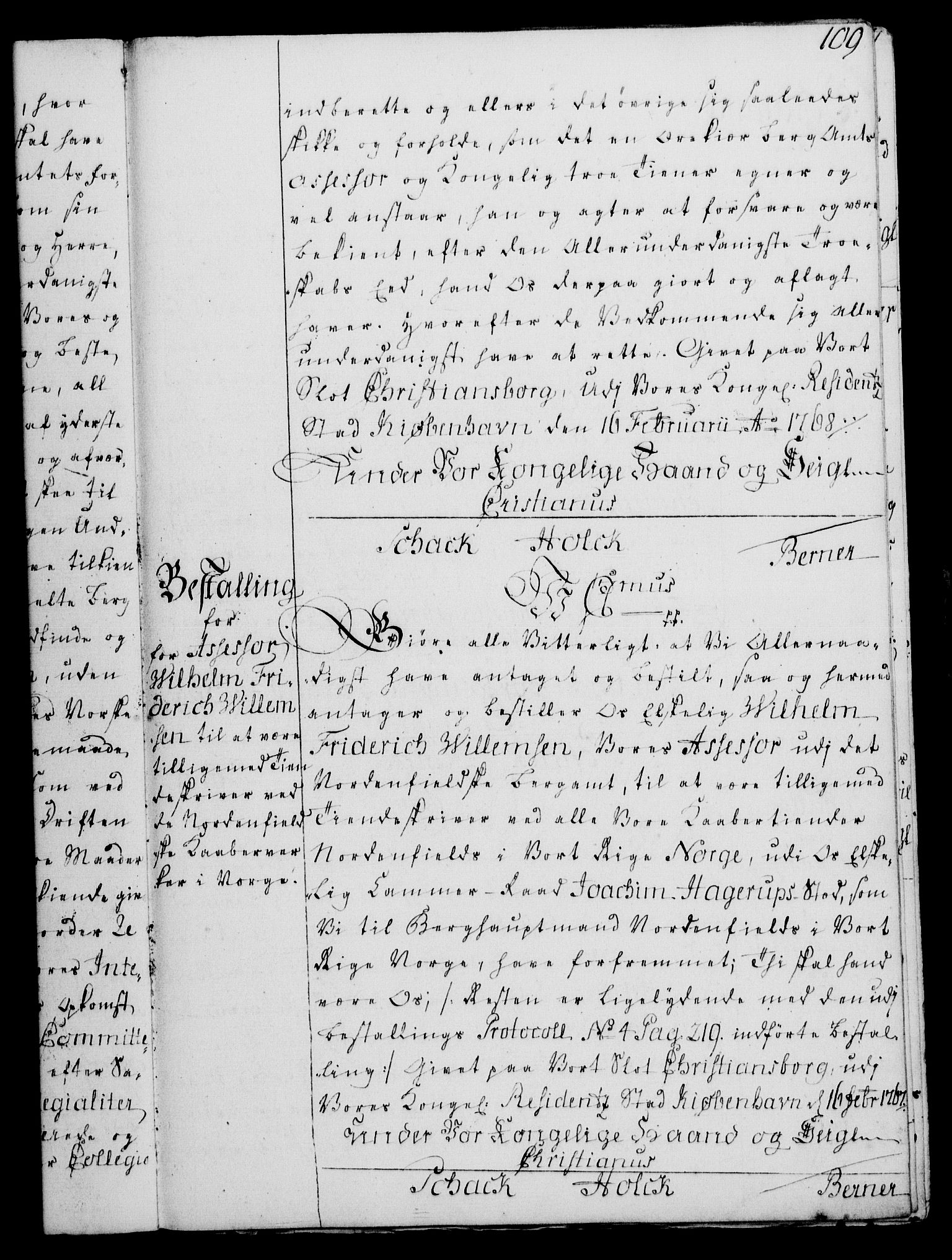 Rentekammeret, Kammerkanselliet, RA/EA-3111/G/Gg/Gge/L0004: Norsk bestallingsprotokoll med register (merket RK 53.28), 1762-1771, p. 109