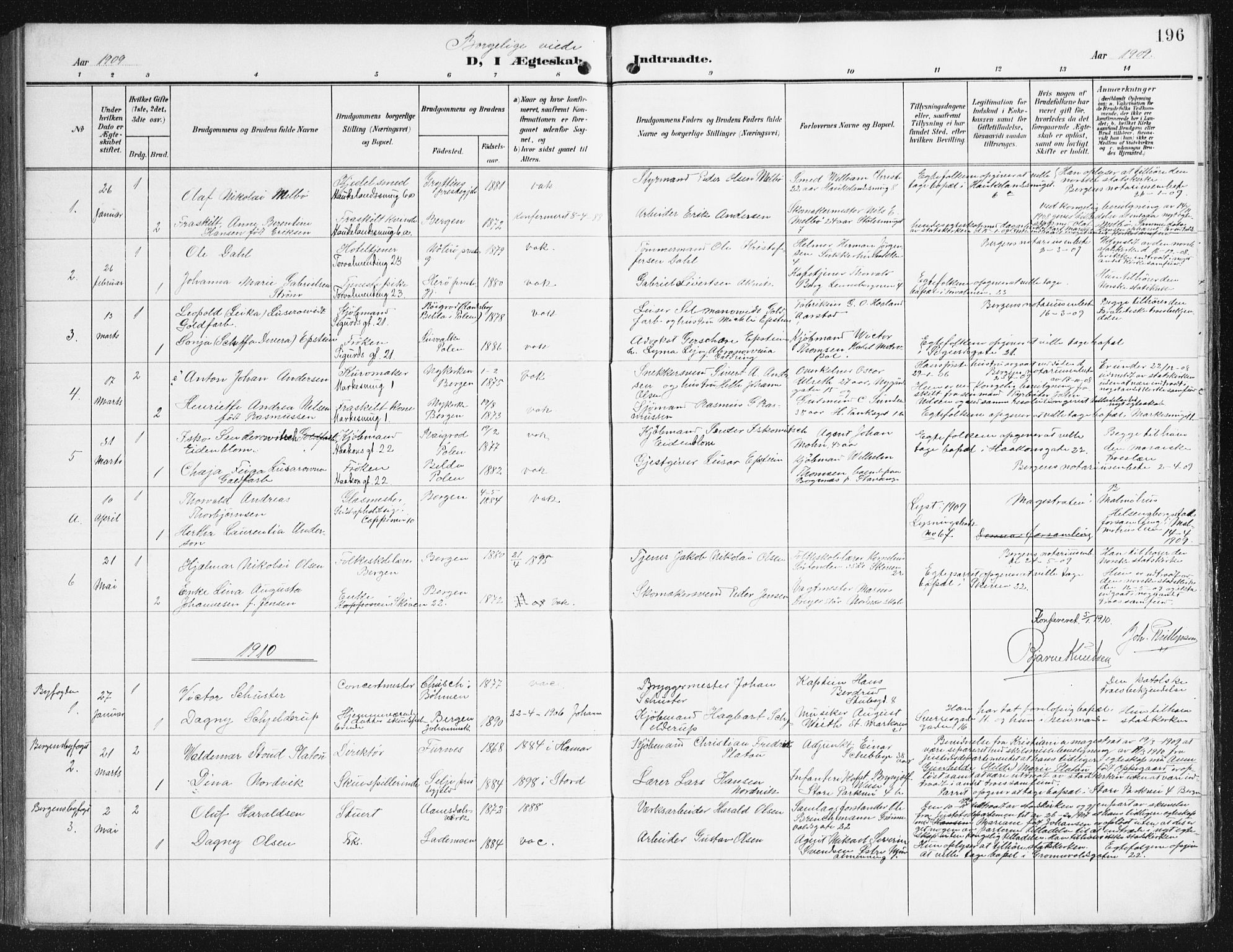 Domkirken sokneprestembete, SAB/A-74801/H/Haa/L0038: Parish register (official) no. D 5, 1906-1921, p. 196
