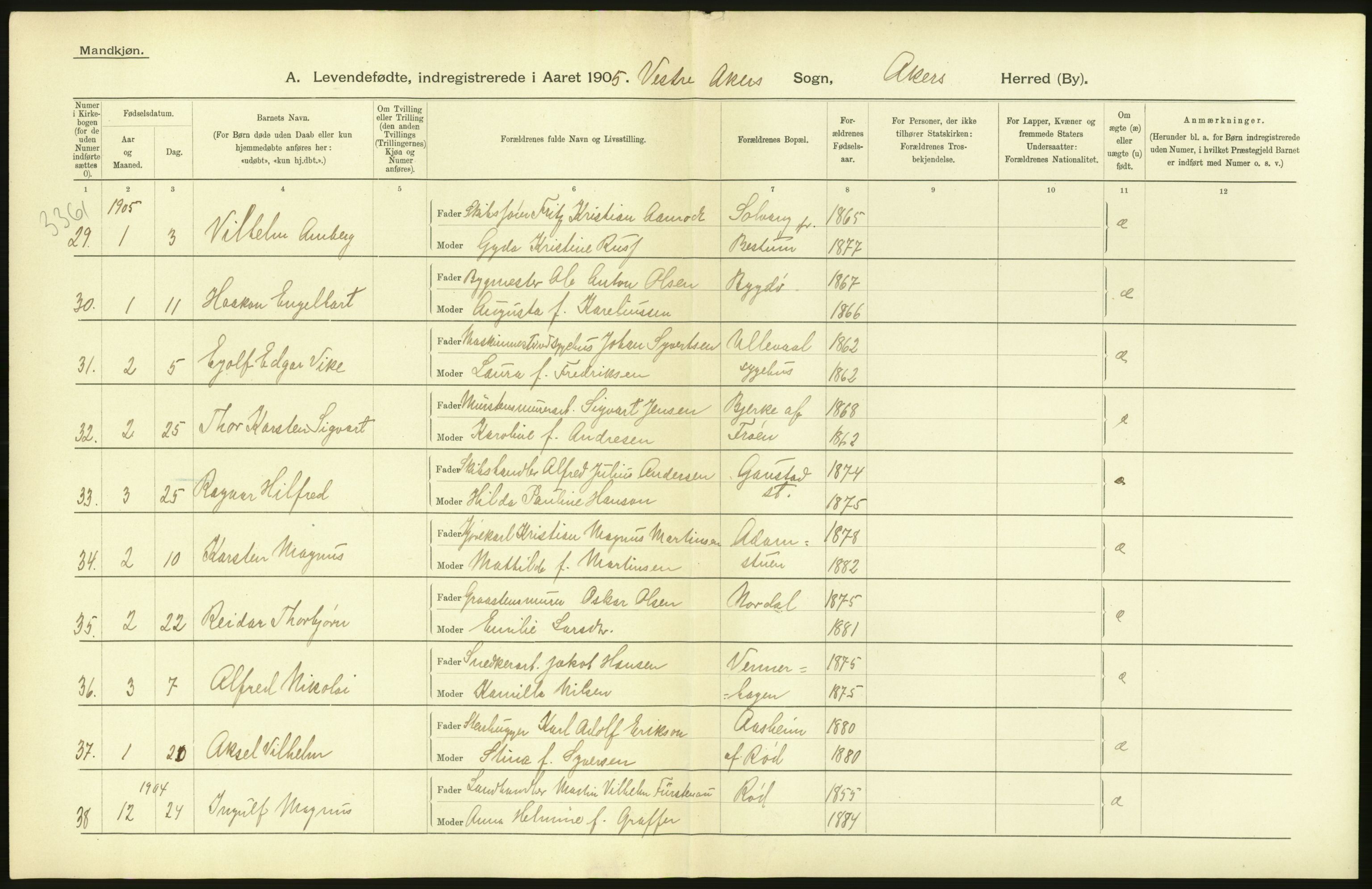 Statistisk sentralbyrå, Sosiodemografiske emner, Befolkning, AV/RA-S-2228/D/Df/Dfa/Dfac/L0004: Akershus amt: Fødte. Bygder., 1905, p. 32