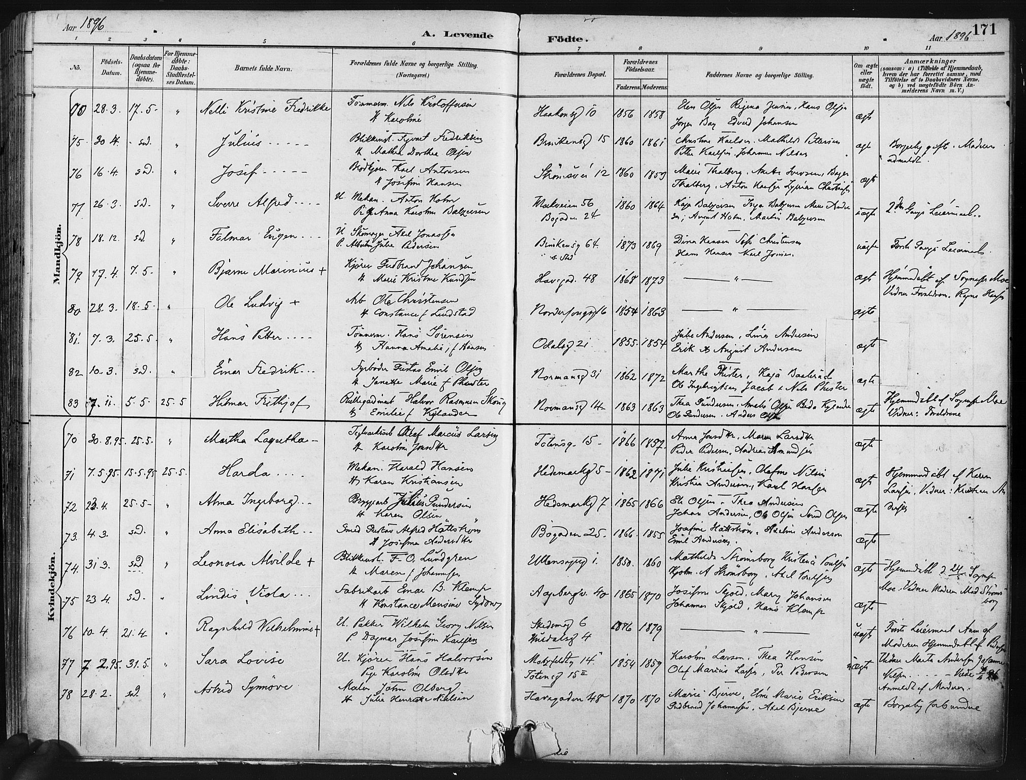 Kampen prestekontor Kirkebøker, SAO/A-10853/F/Fa/L0005: Parish register (official) no. I 5, 1890-1902, p. 171