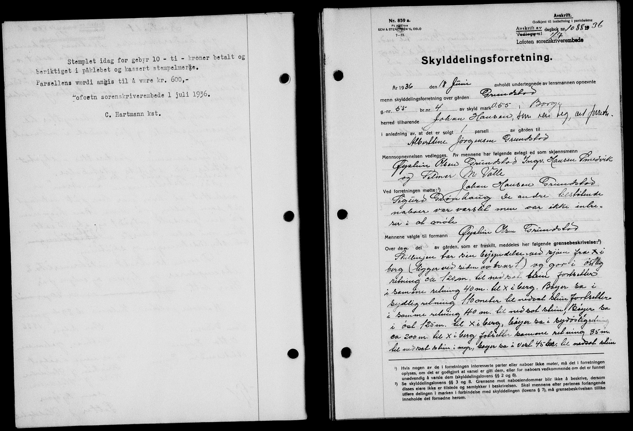 Lofoten sorenskriveri, SAT/A-0017/1/2/2C/L0001a: Mortgage book no. 1a, 1936-1937, Diary no: : 1088/1936