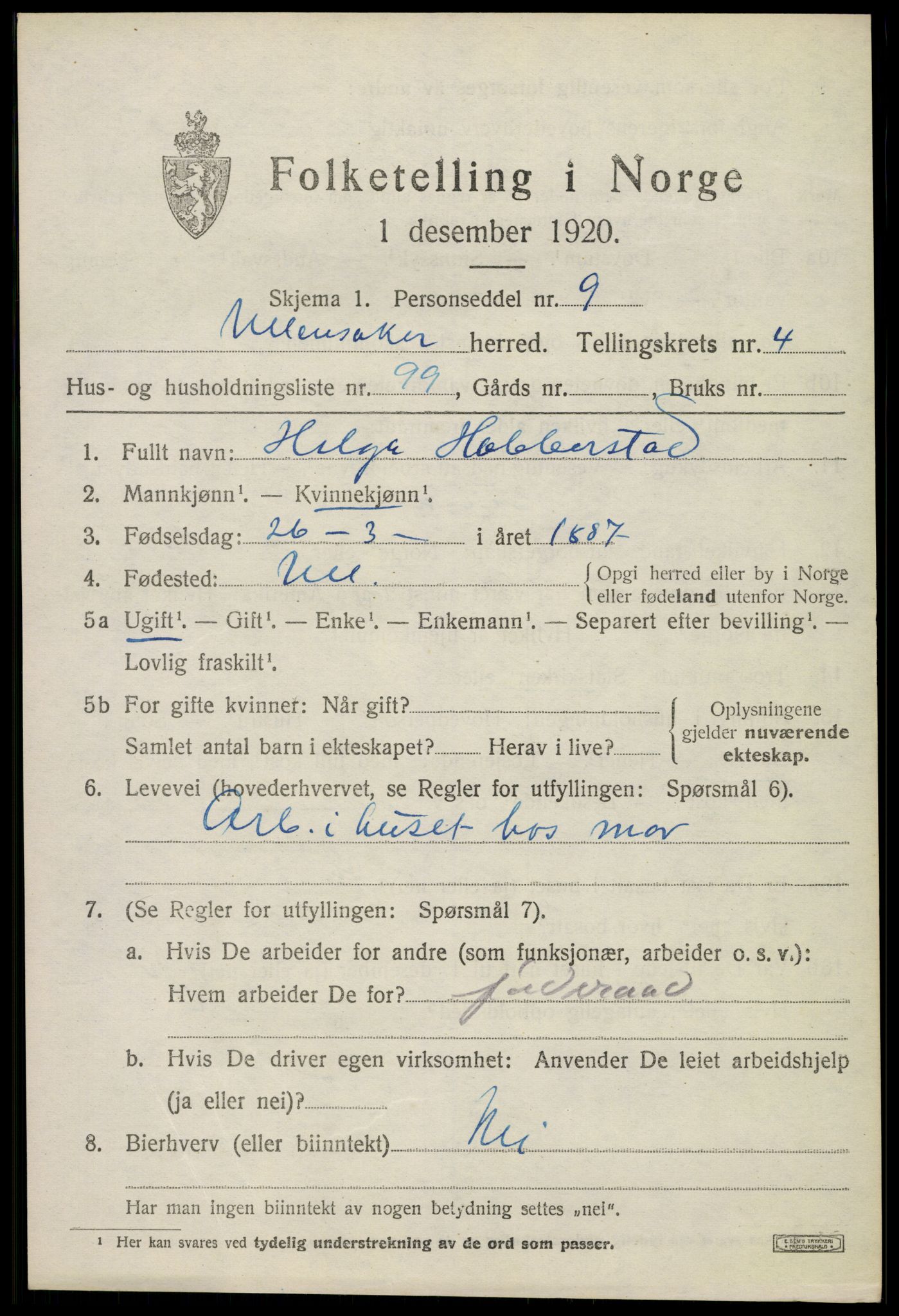 SAO, 1920 census for Ullensaker, 1920, p. 8515