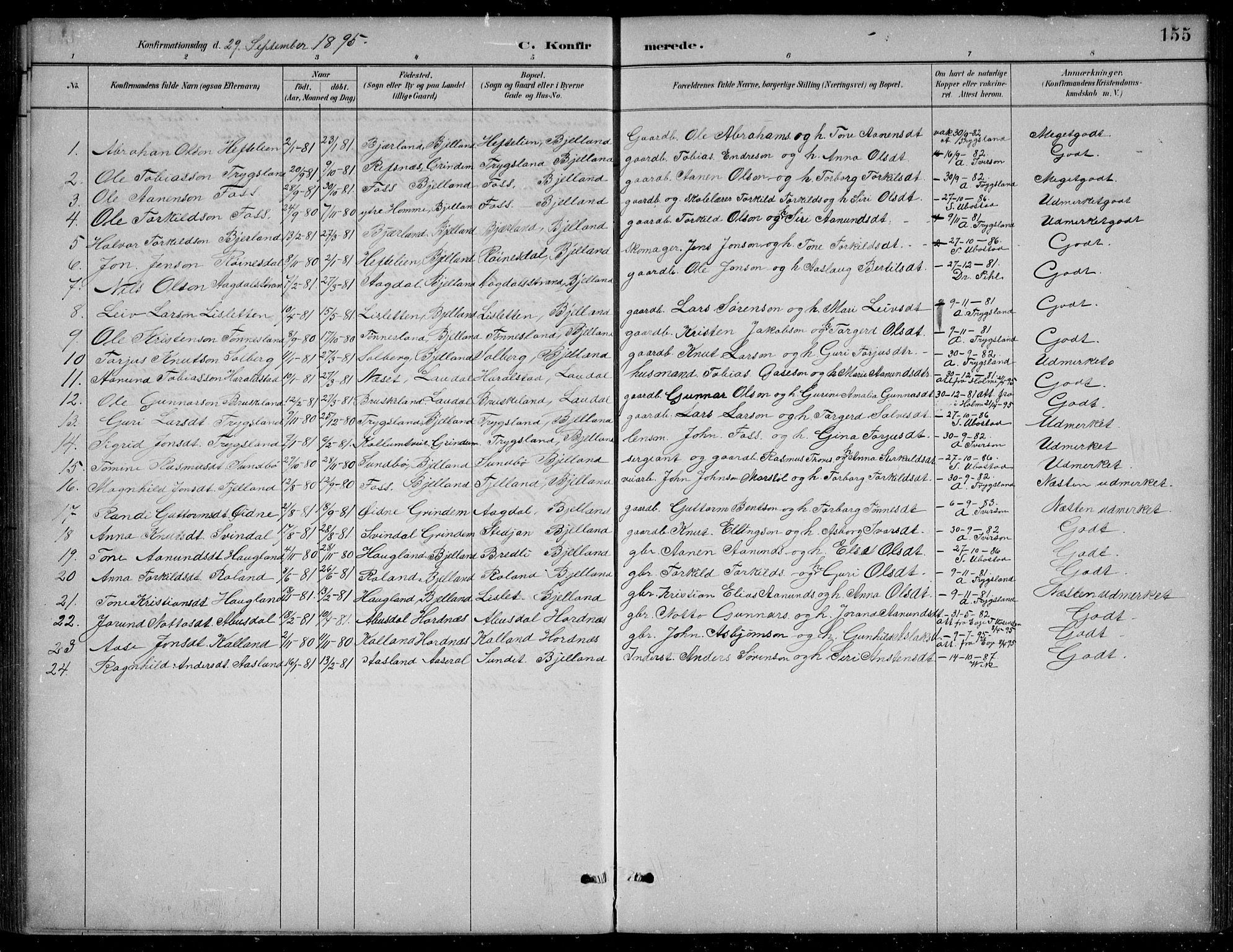 Bjelland sokneprestkontor, SAK/1111-0005/F/Fb/Fba/L0005: Parish register (copy) no. B 5, 1887-1923, p. 155