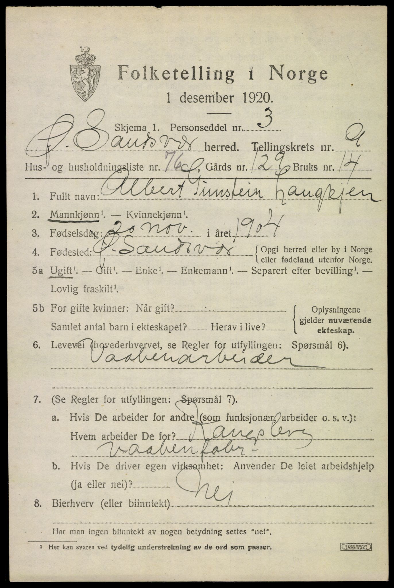 SAKO, 1920 census for Øvre Sandsvær, 1920, p. 5576