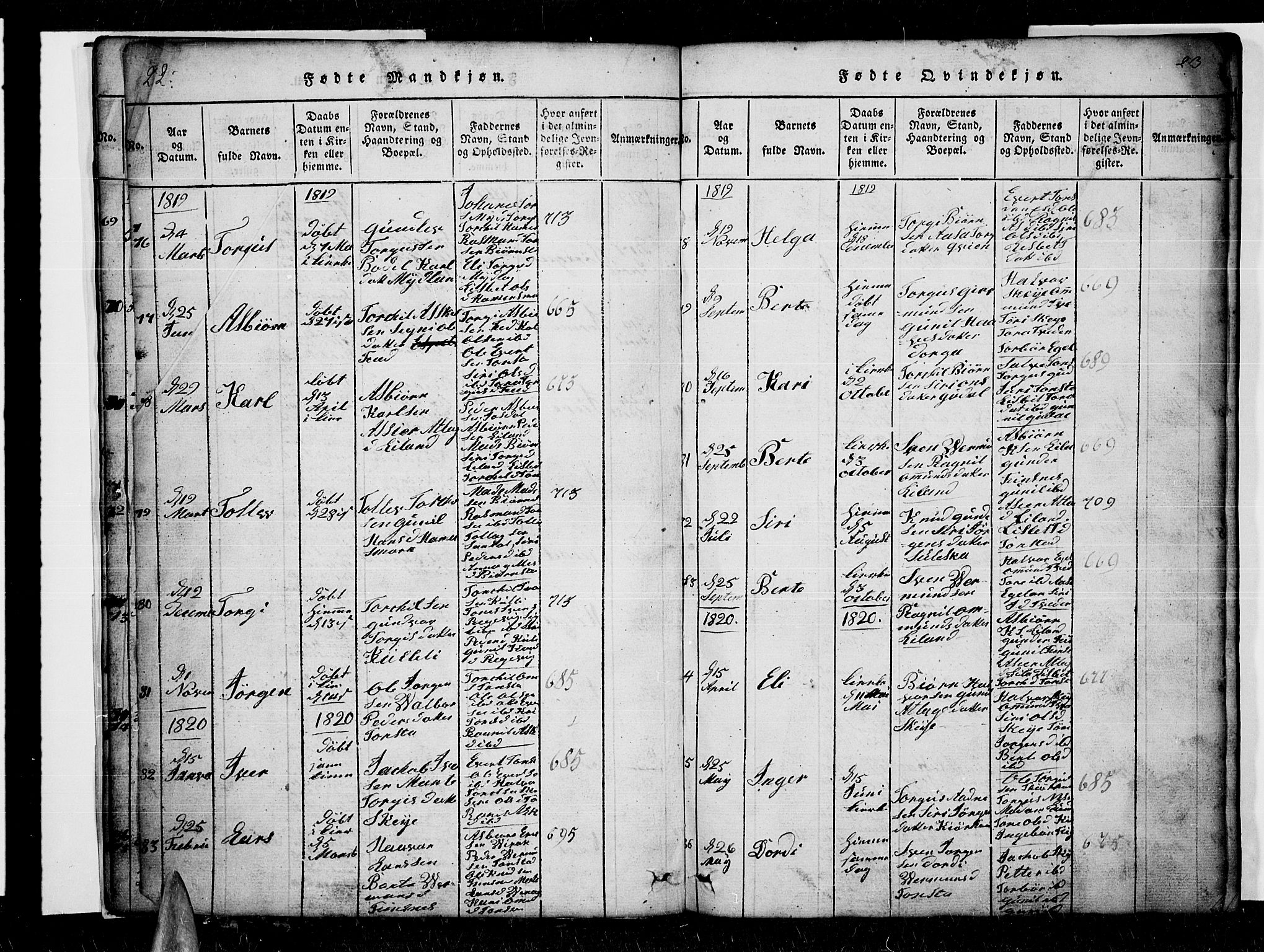 Sirdal sokneprestkontor, AV/SAK-1111-0036/F/Fb/Fbb/L0001: Parish register (copy) no. B 1, 1815-1834, p. 22-23