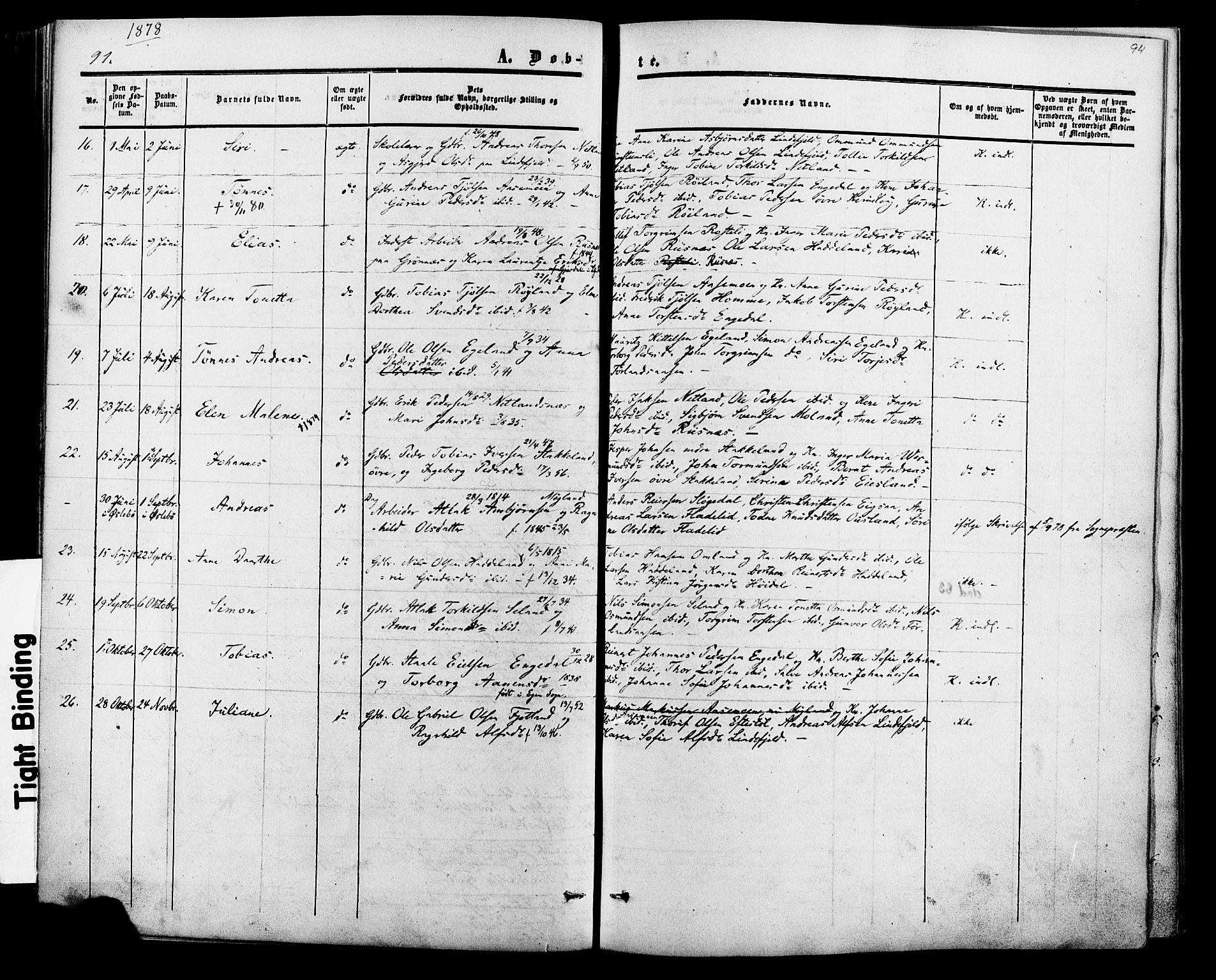 Fjotland sokneprestkontor, AV/SAK-1111-0010/F/Fa/L0001: Parish register (official) no. A 1, 1850-1879, p. 94