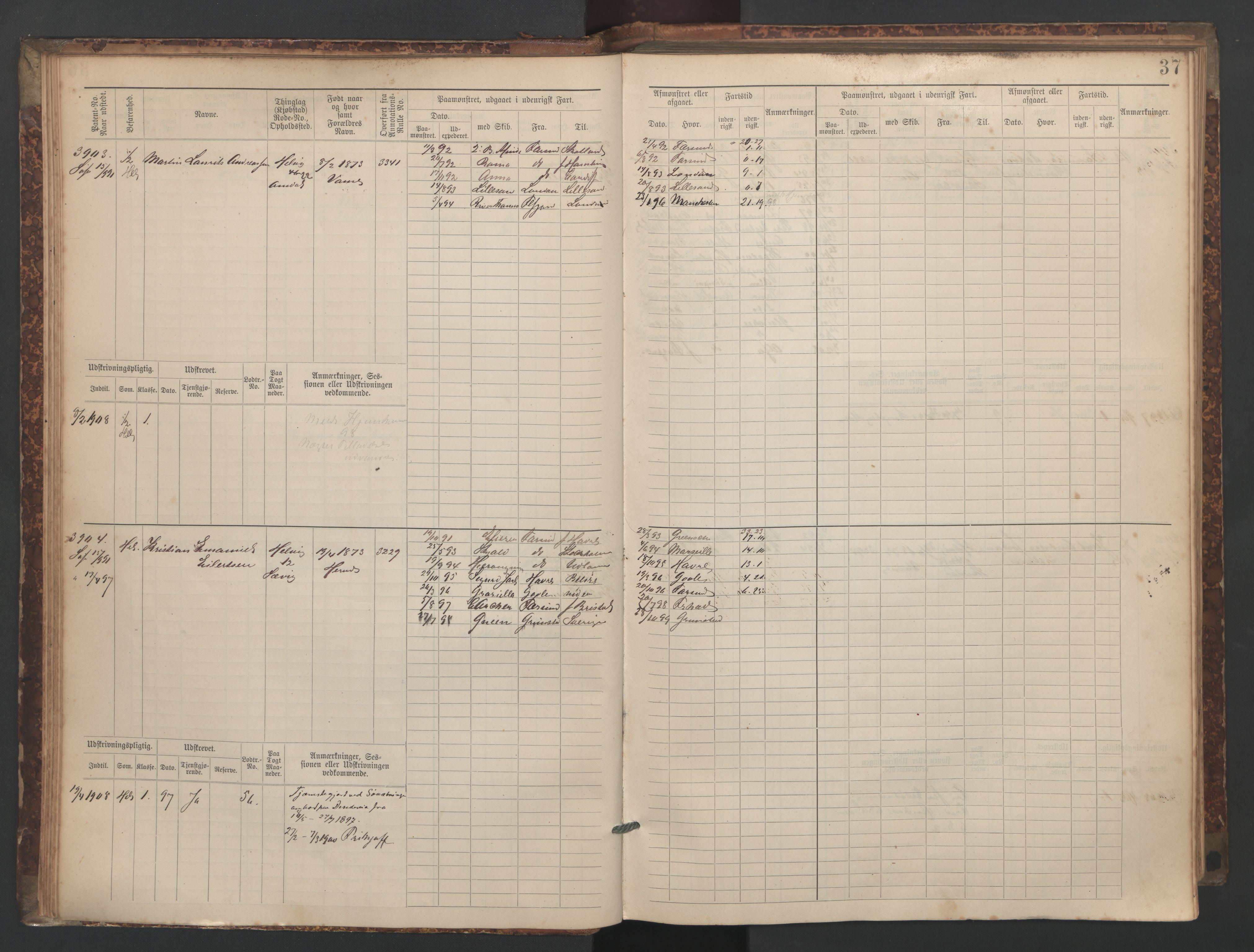 Farsund mønstringskrets, AV/SAK-2031-0017/F/Fb/L0020: Hovedrulle nr 3833-4506, Z-12, 1890-1930, p. 39