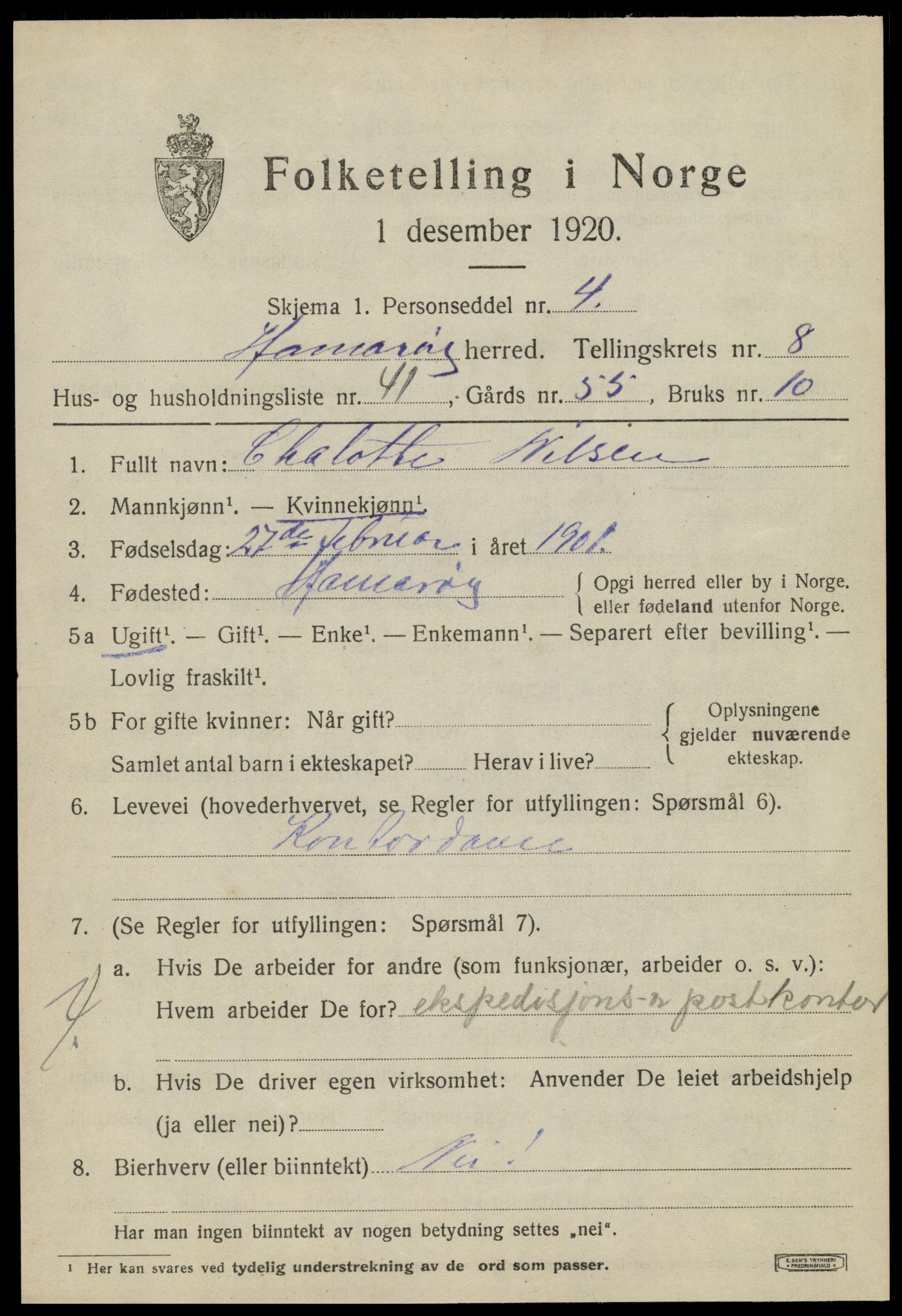 SAT, 1920 census for Hamarøy, 1920, p. 4192