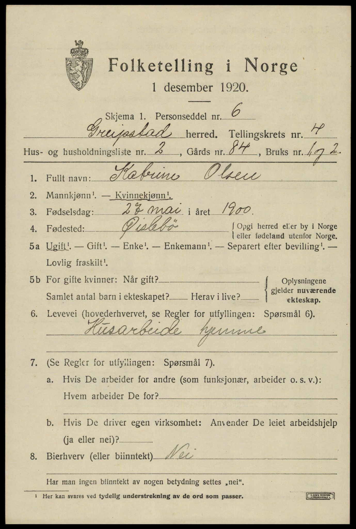 SAK, 1920 census for Greipstad, 1920, p. 1522