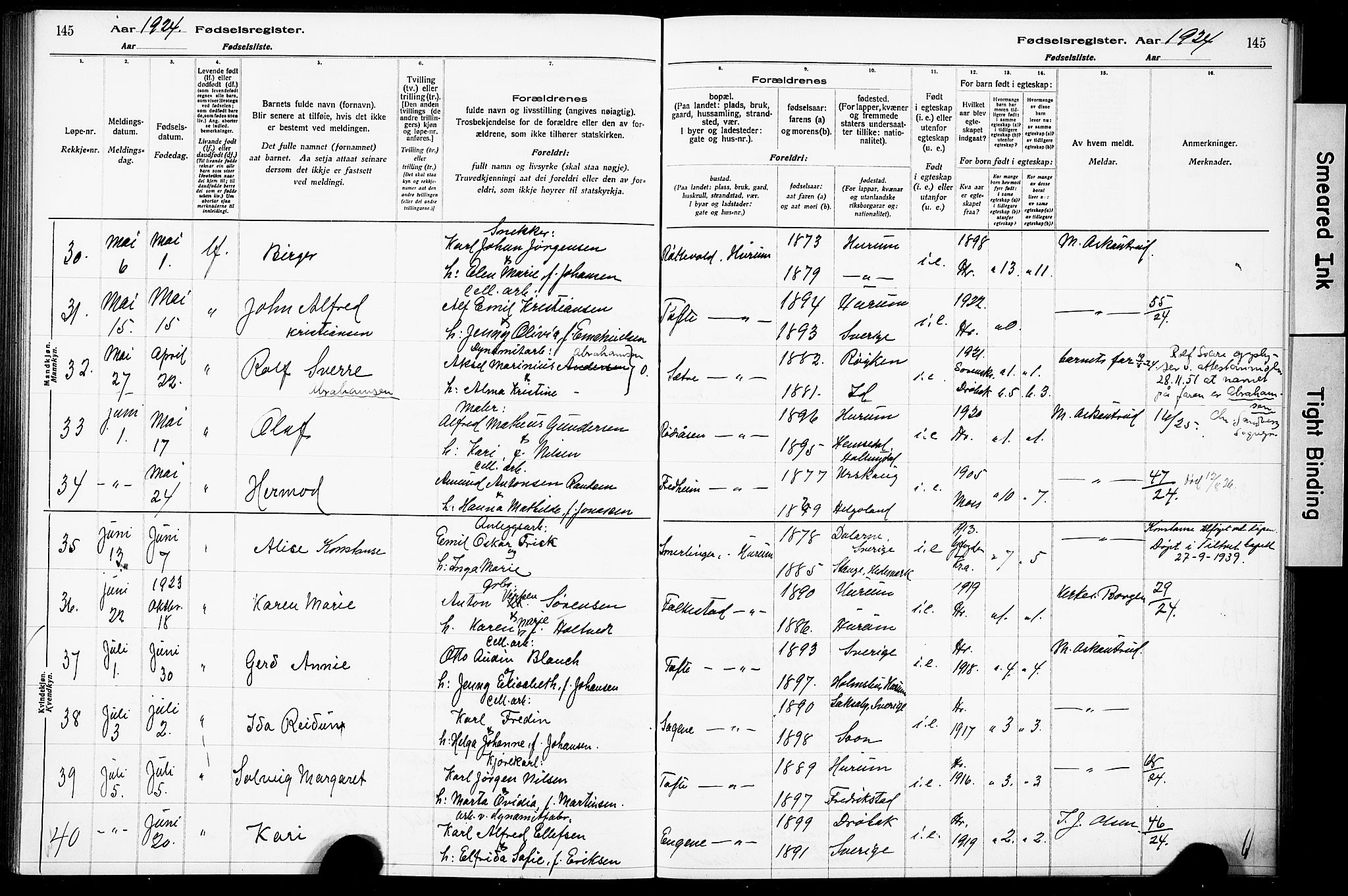 Hurum kirkebøker, AV/SAKO-A-229/J/Ja/L0001: Birth register no. 1, 1916-1928, p. 145