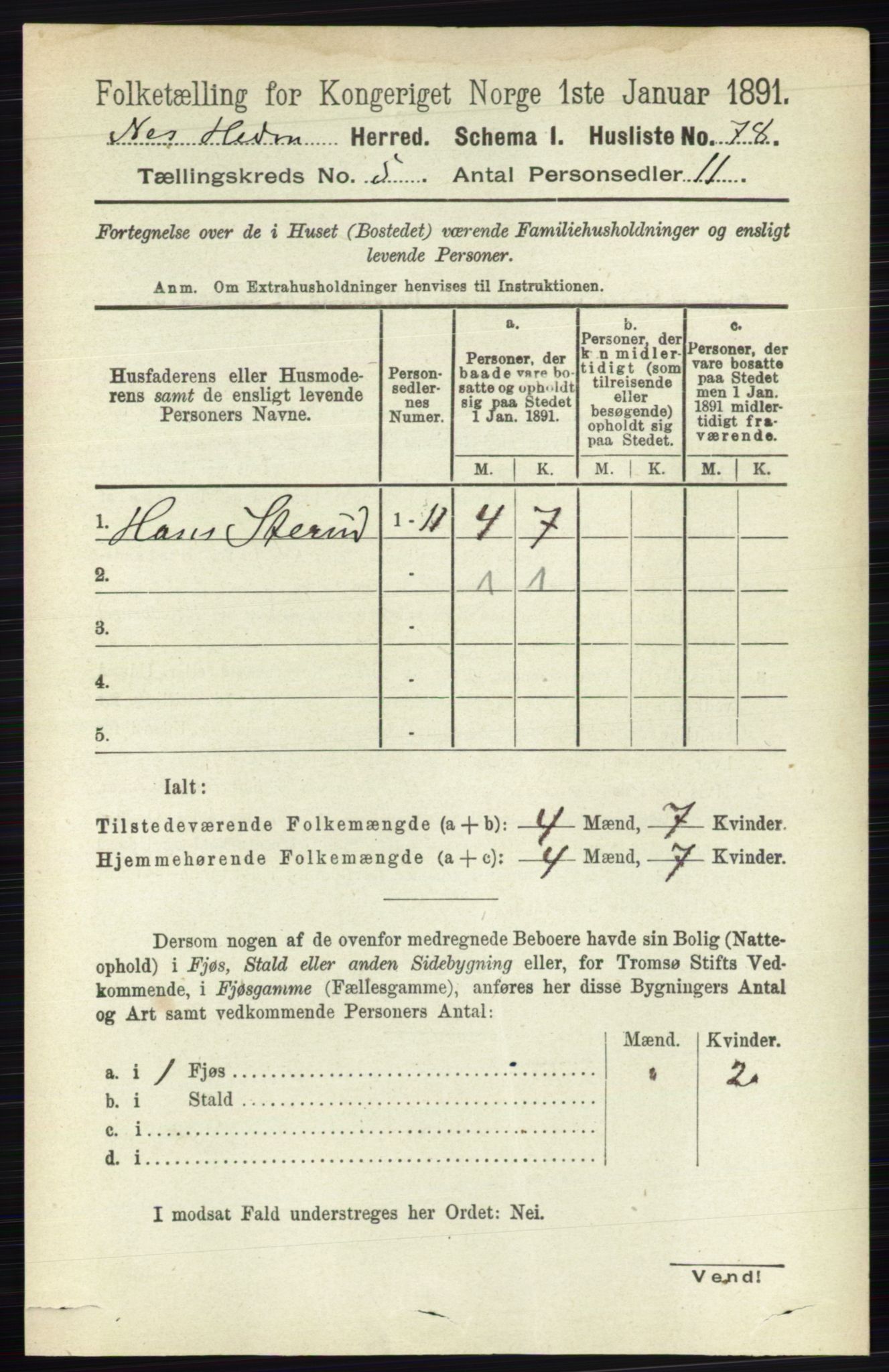 RA, 1891 census for 0411 Nes, 1891, p. 2598