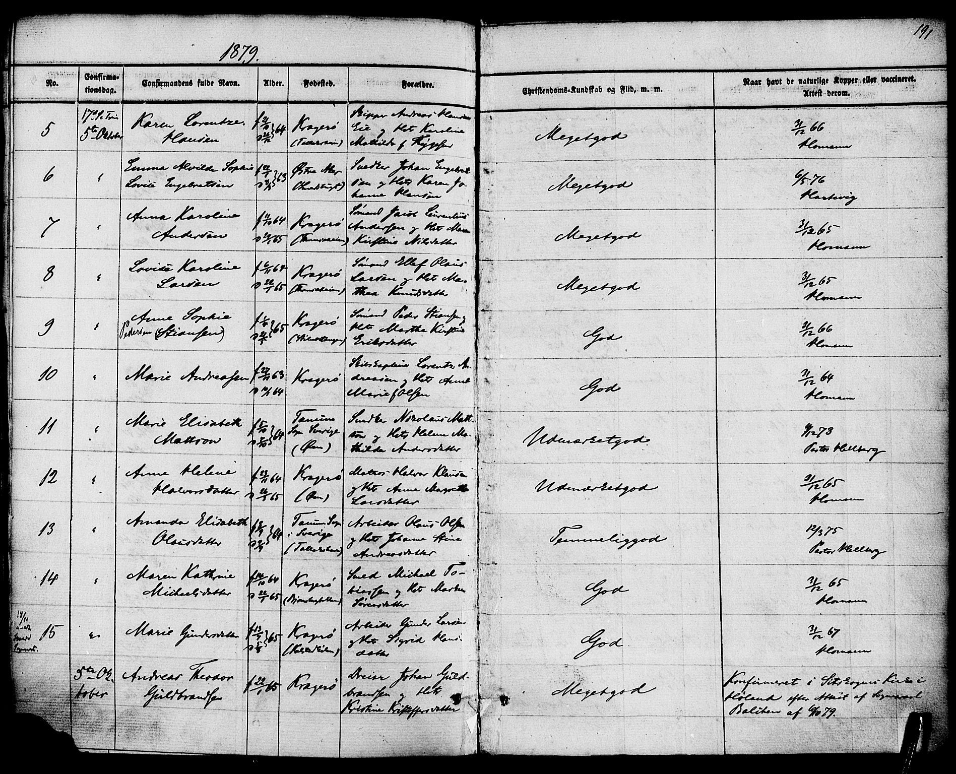 Kragerø kirkebøker, AV/SAKO-A-278/F/Fa/L0008: Parish register (official) no. 8, 1856-1880, p. 191