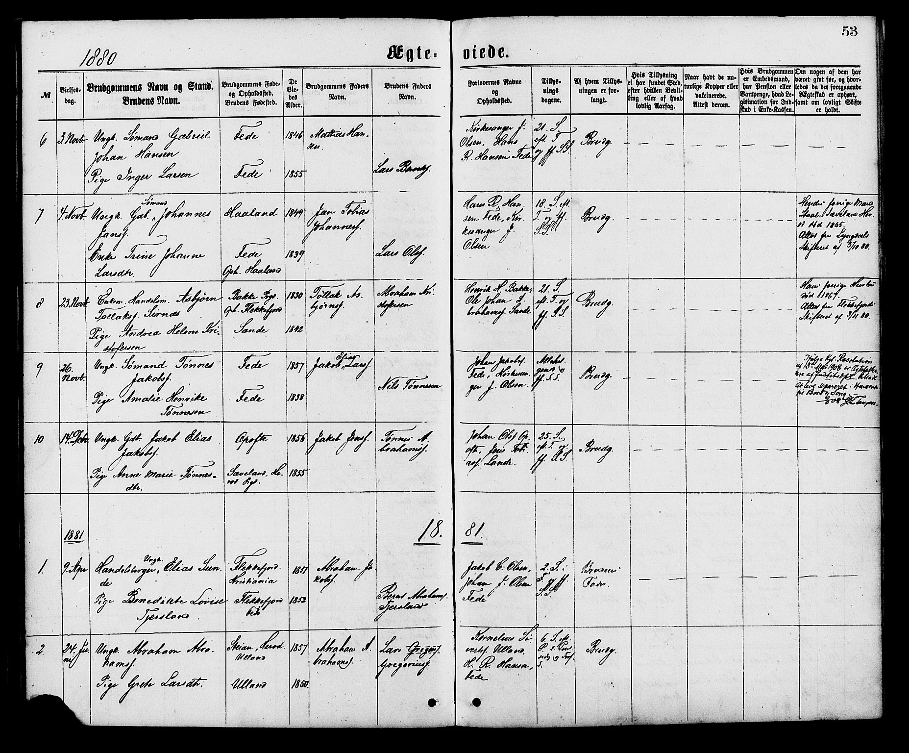 Kvinesdal sokneprestkontor, AV/SAK-1111-0026/F/Fa/Faa/L0003: Parish register (official) no. A 3, 1877-1882, p. 53