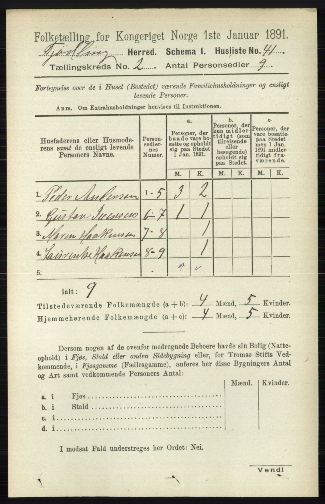 RA, 1891 census for 0725 Tjølling, 1891, p. 484