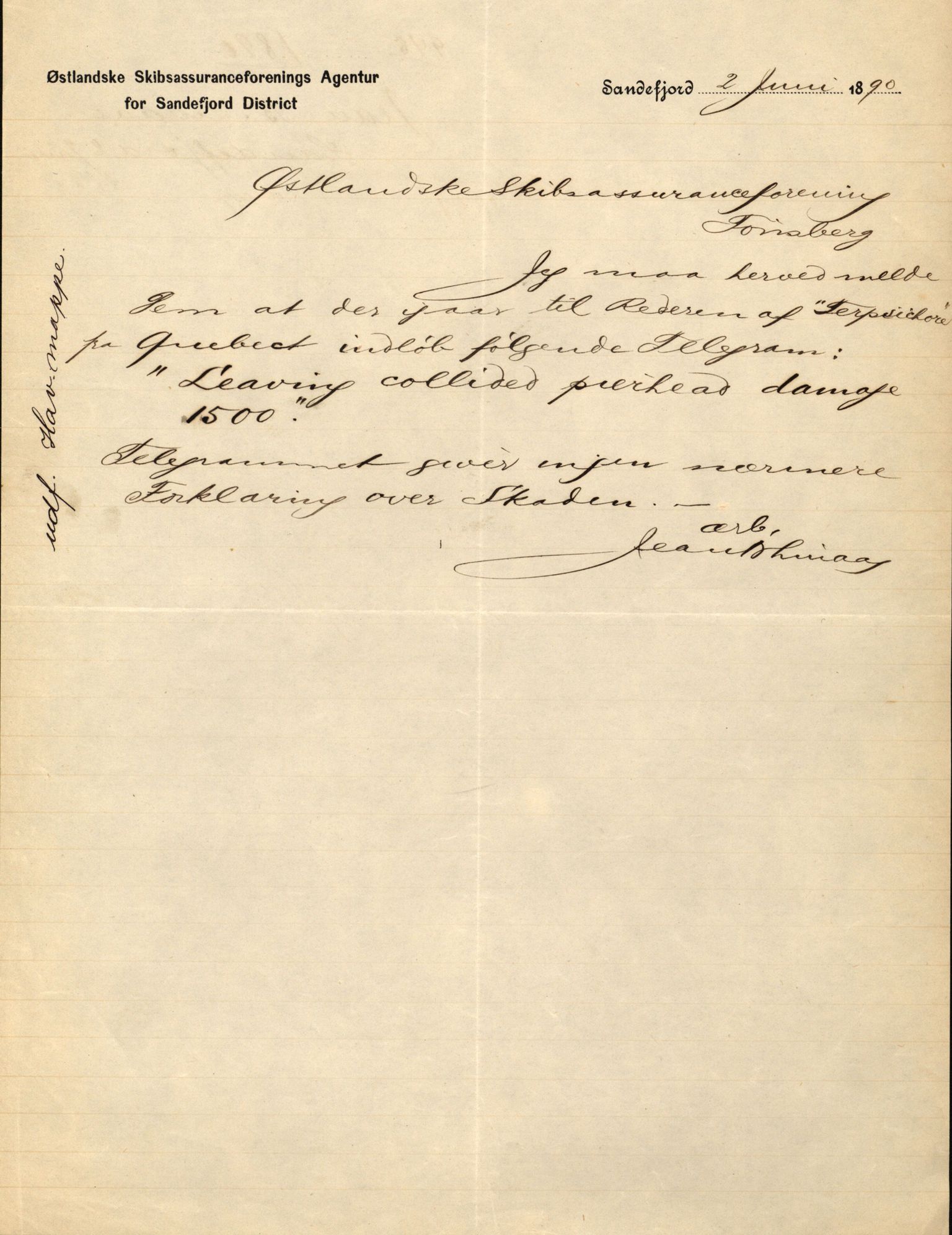 Pa 63 - Østlandske skibsassuranceforening, VEMU/A-1079/G/Ga/L0025/0007: Havaridokumenter / Terpsichore, Terra, Nova, 1890, p. 24