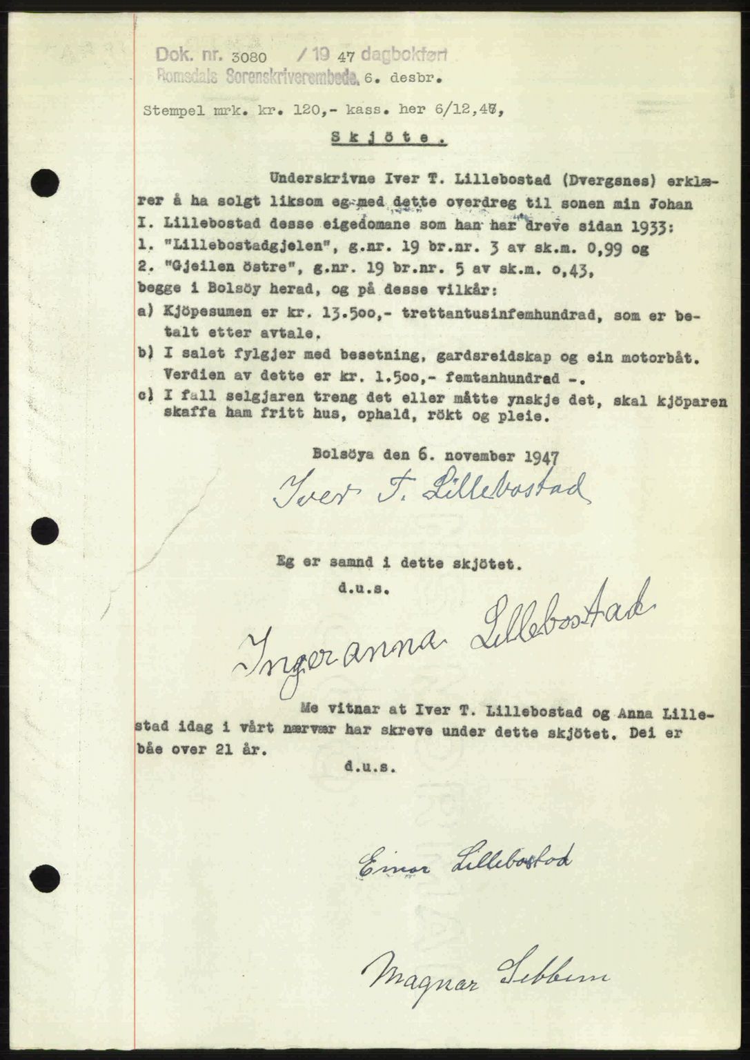 Romsdal sorenskriveri, SAT/A-4149/1/2/2C: Mortgage book no. A24, 1947-1947, Diary no: : 3080/1947