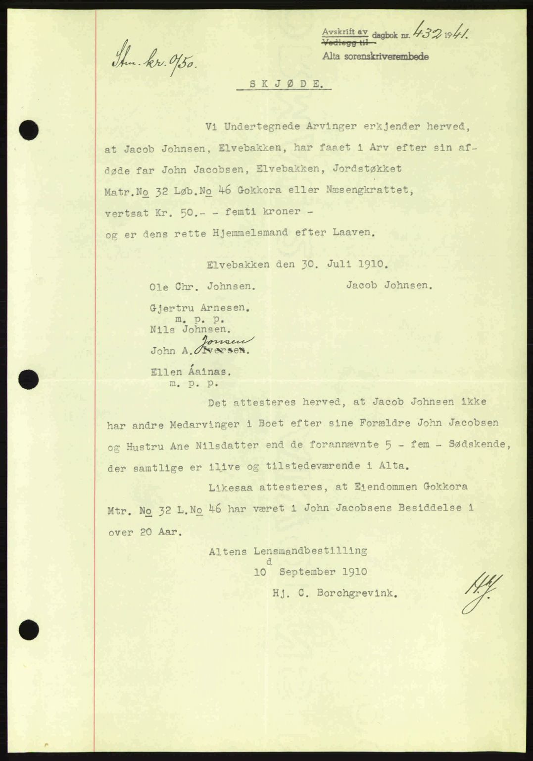 Alta fogderi/sorenskriveri, SATØ/SATØ-5/1/K/Kd/L0033pantebok: Mortgage book no. 33, 1940-1943, Diary no: : 432/1941